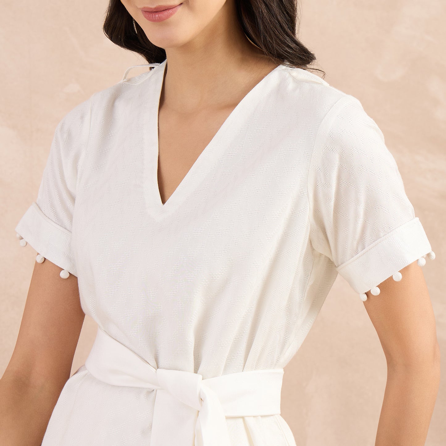 Off-White Herringbone High-Low Top with Belt and Trouser Set