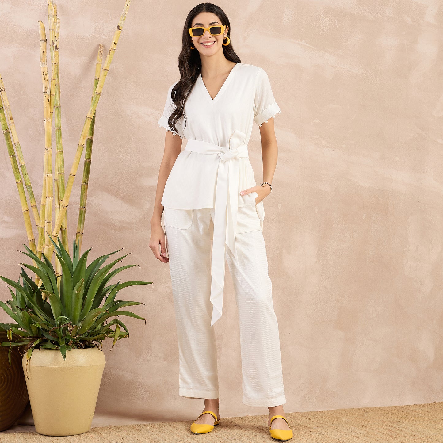 Off-White Herringbone High-Low Top with Belt and Trouser Set