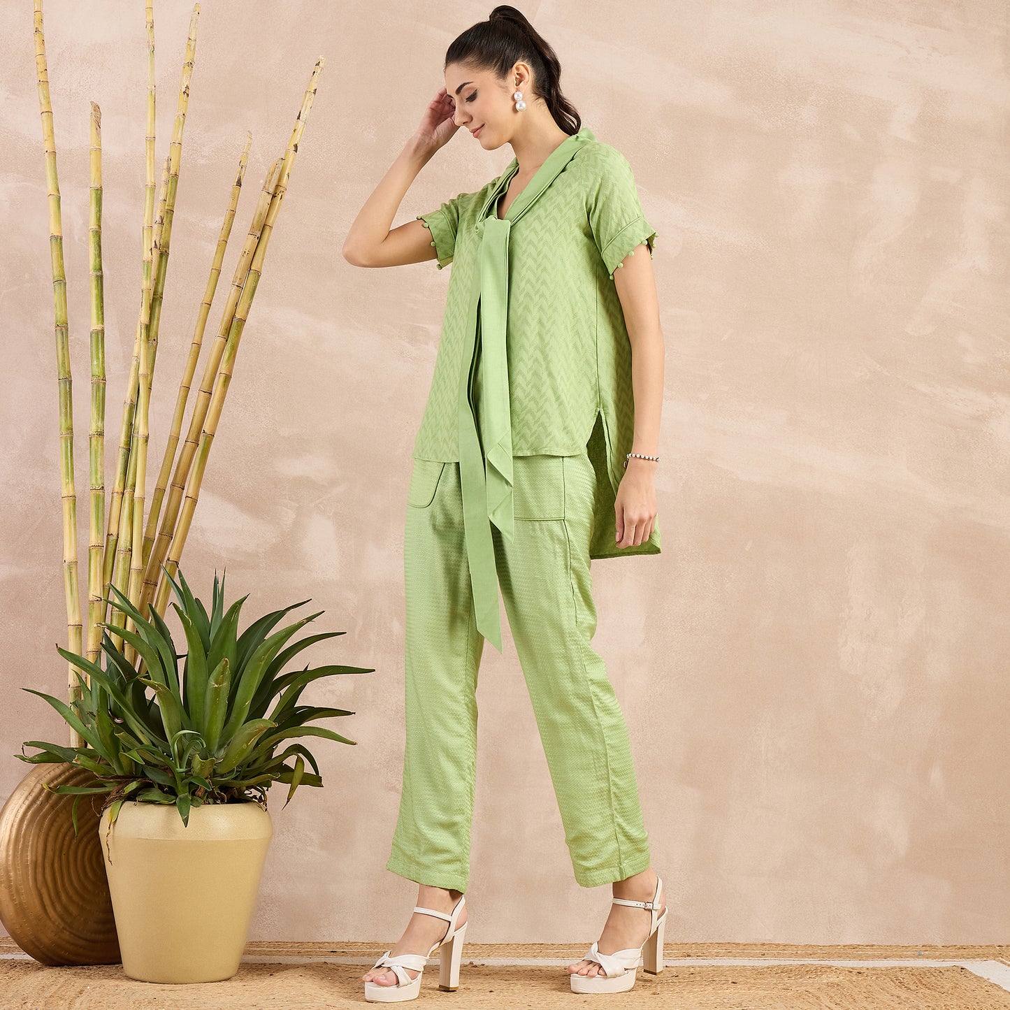 Pastel Green Herringbone High-Low Top with Belt and Trouser Set