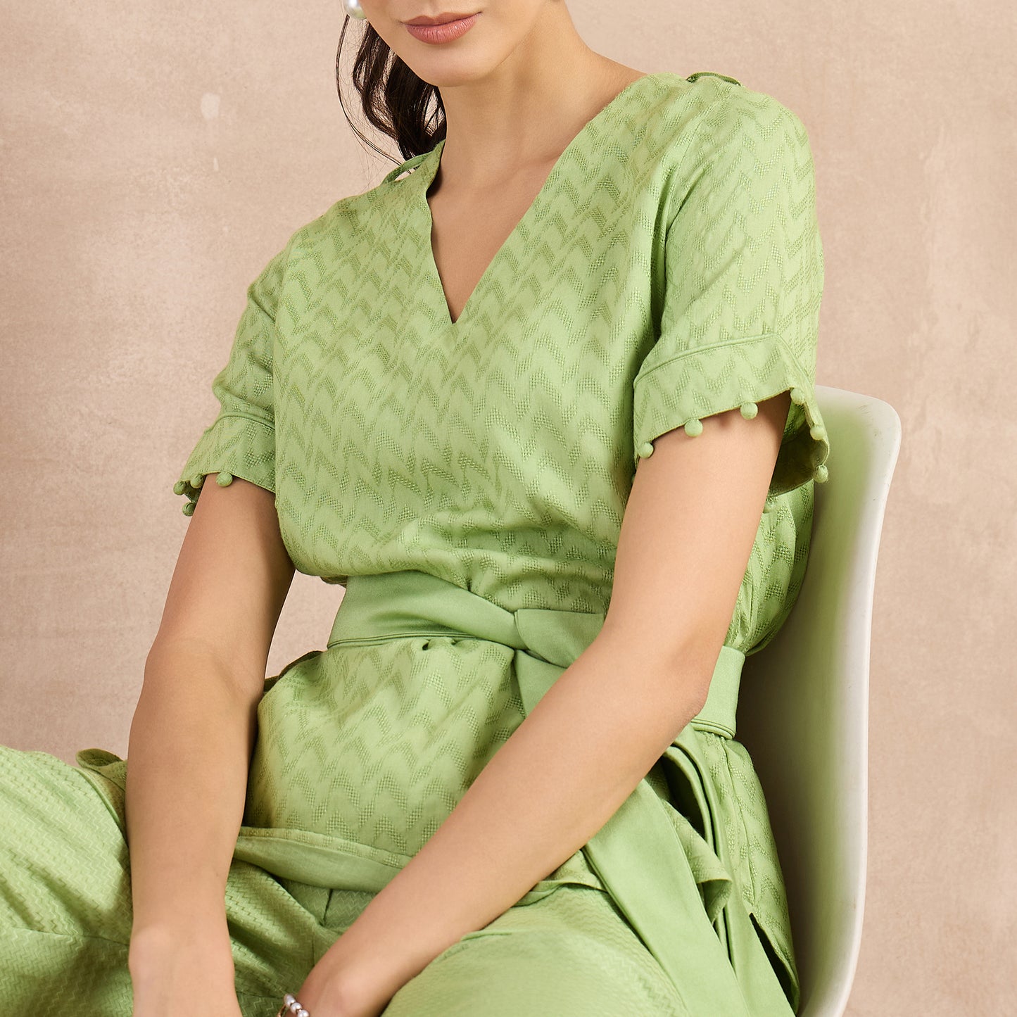 Pastel Green Herringbone High-Low Top with Belt and Trouser Set