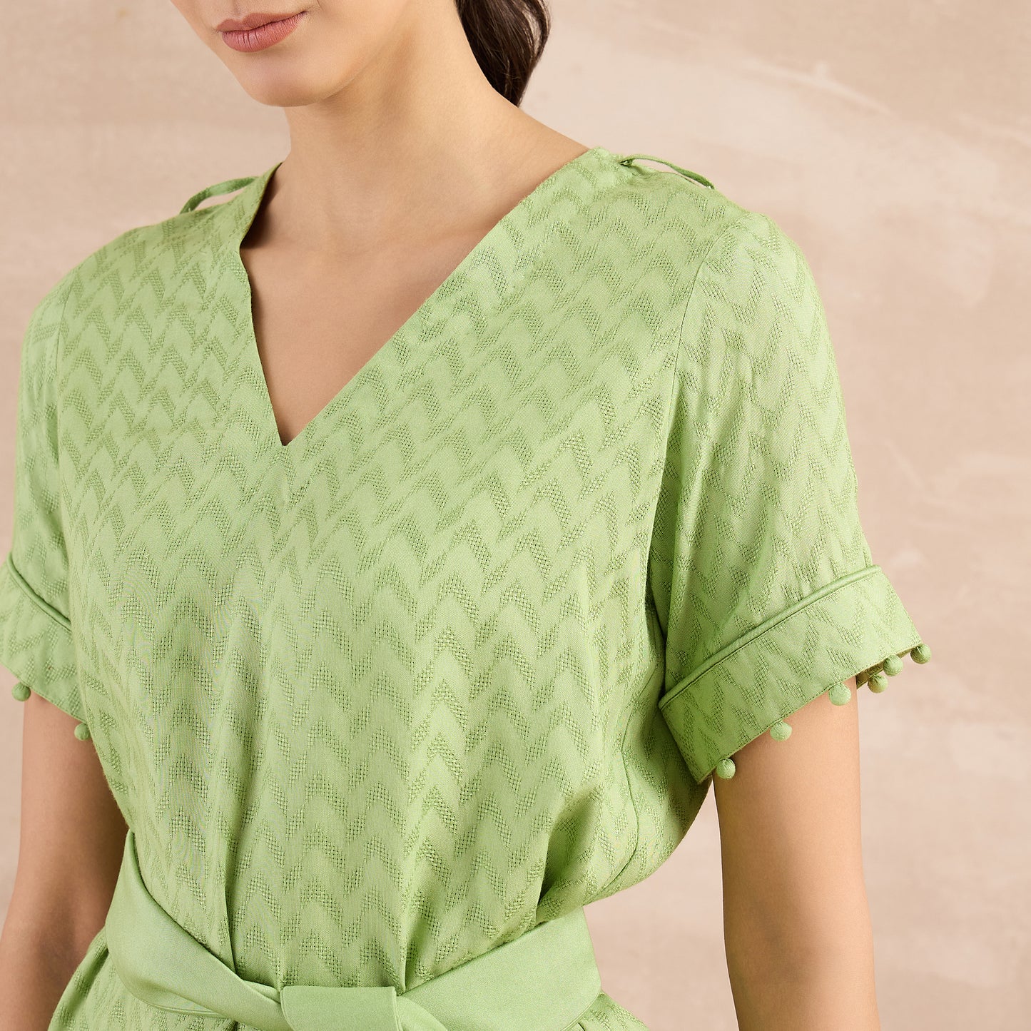 Pastel Green Herringbone High-Low Top with Belt and Trouser Set