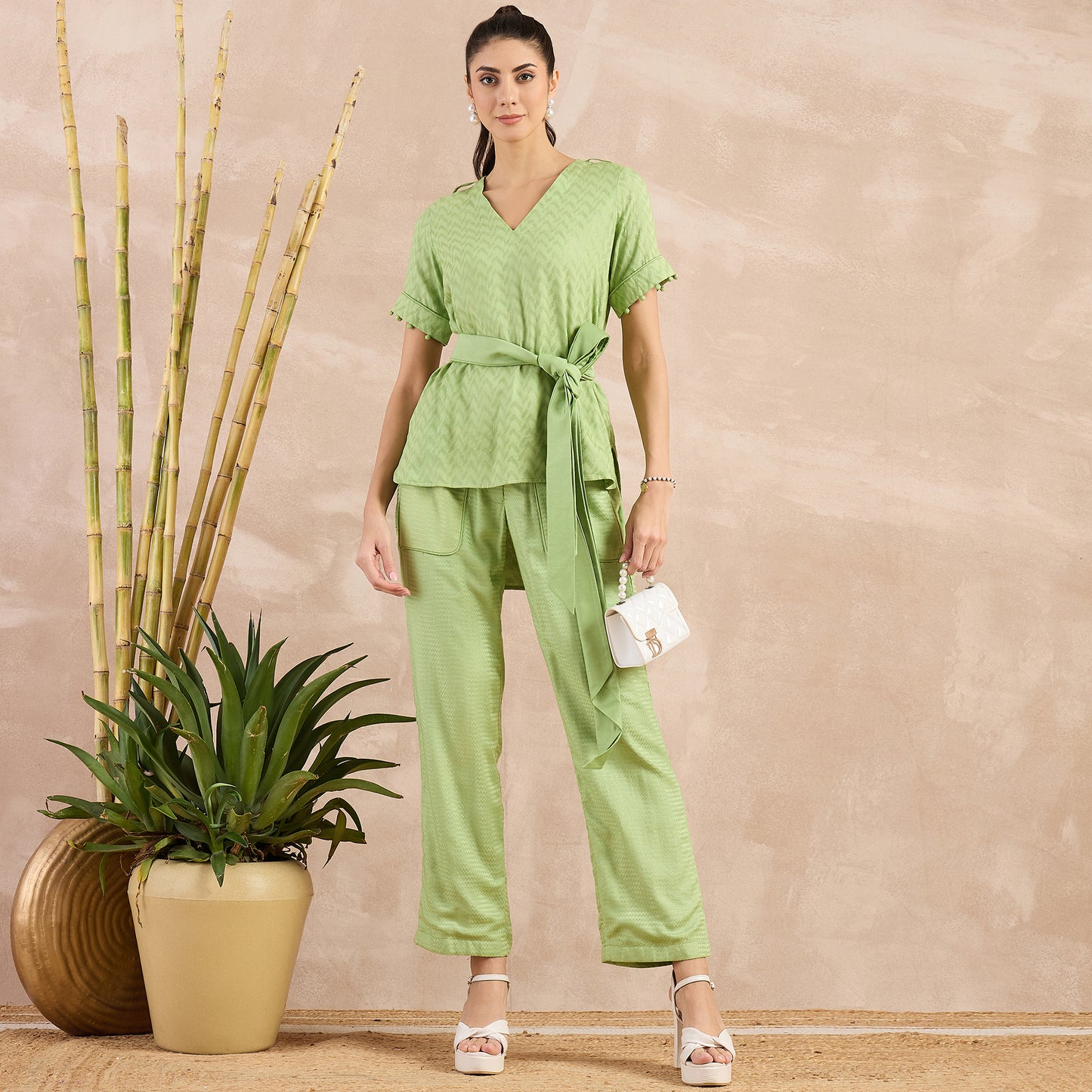 Pastel Green Herringbone High-Low Top with Belt and Trouser Set