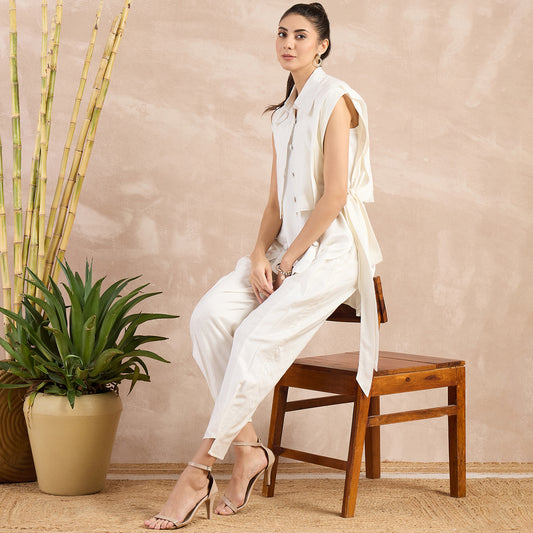 Off-White High-Low Sleeveless Top with Herringbone Bib and Trouser Set