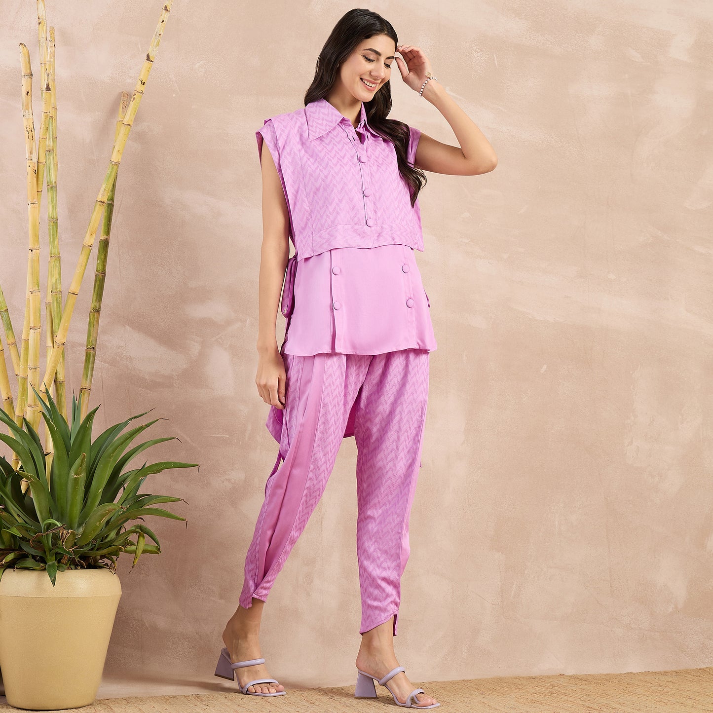 Purple High-Low Sleeveless Top with Herringbone Bib and Trouser Set