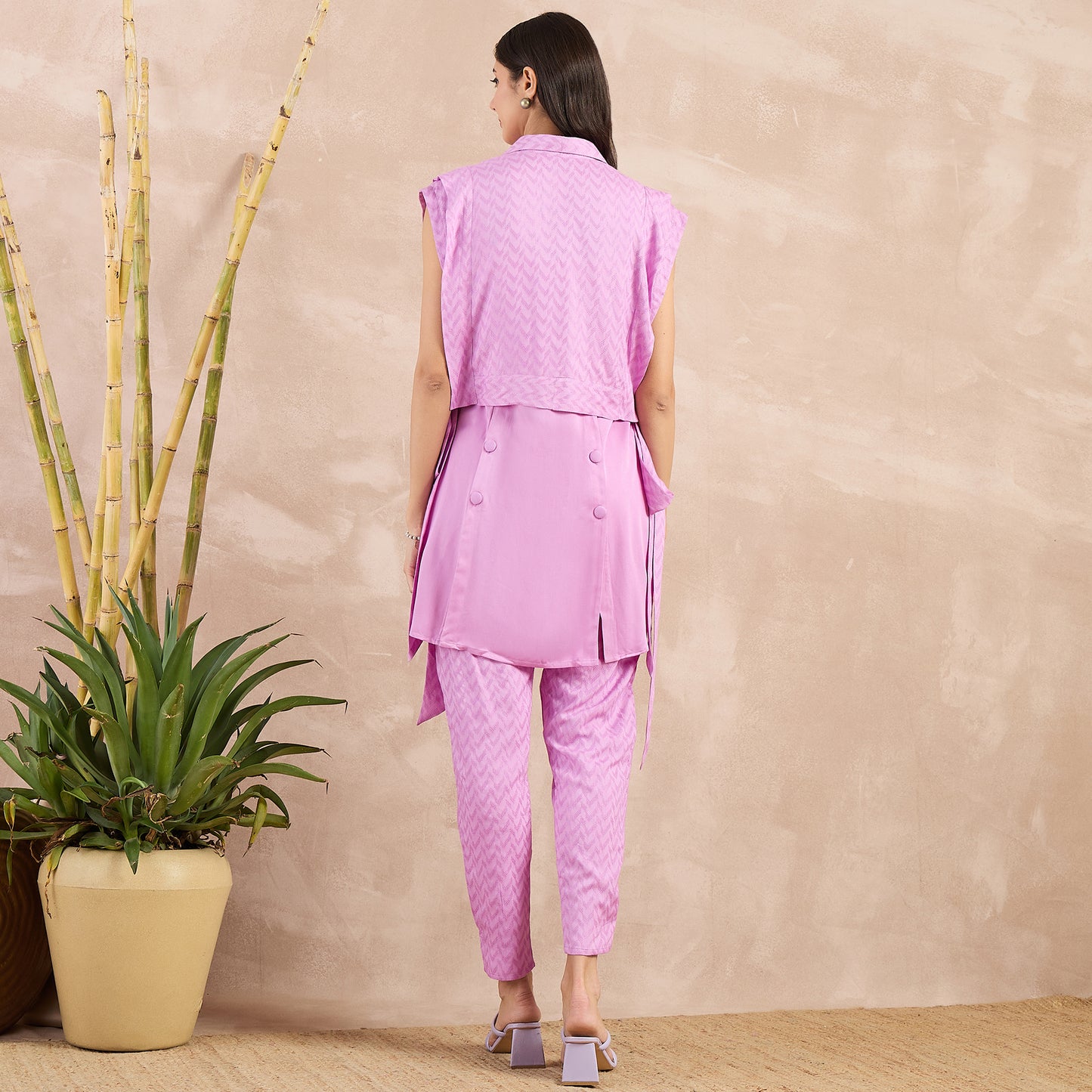 Purple High-Low Sleeveless Top with Herringbone Bib and Trouser Set