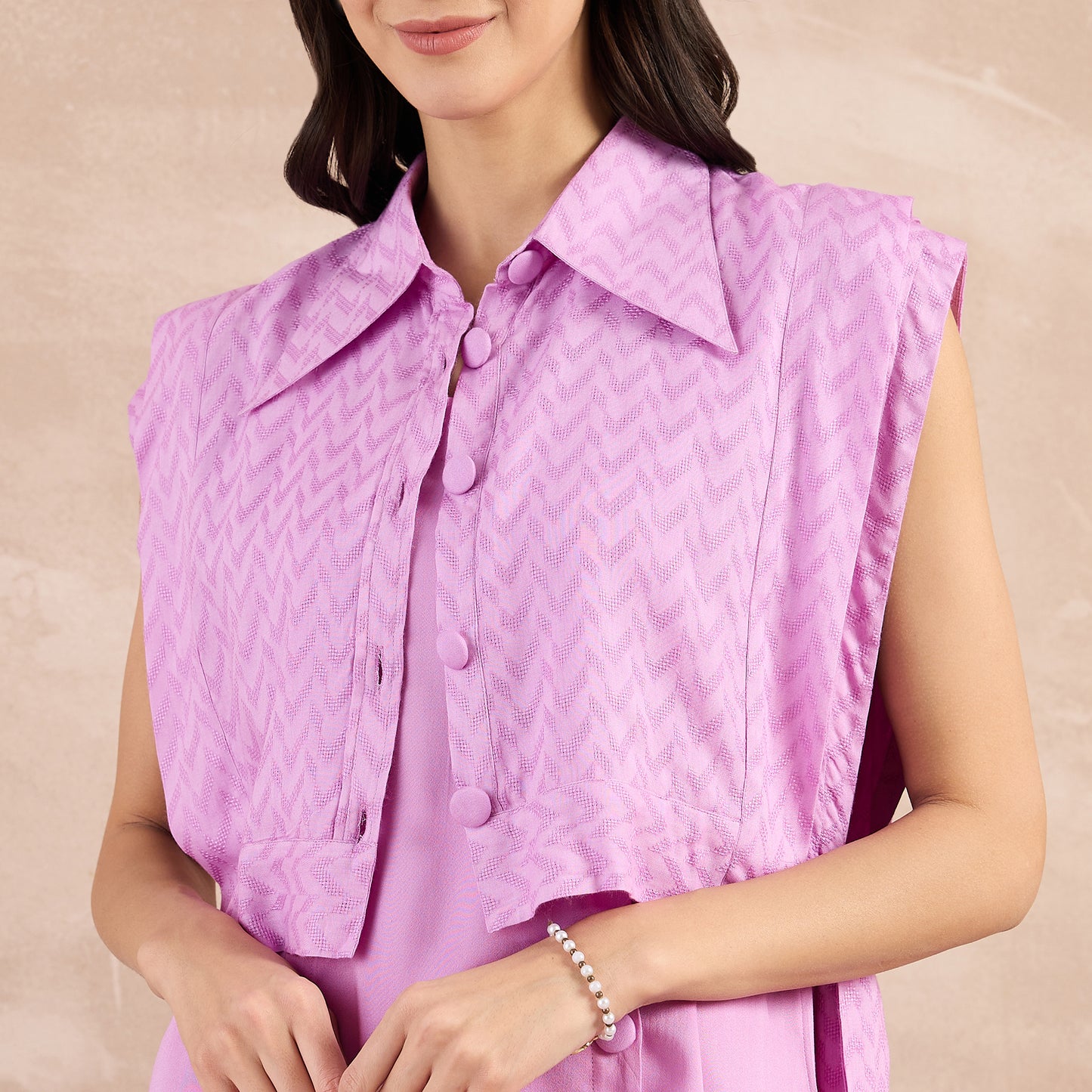 Purple High-Low Sleeveless Top with Herringbone Bib and Trouser Set