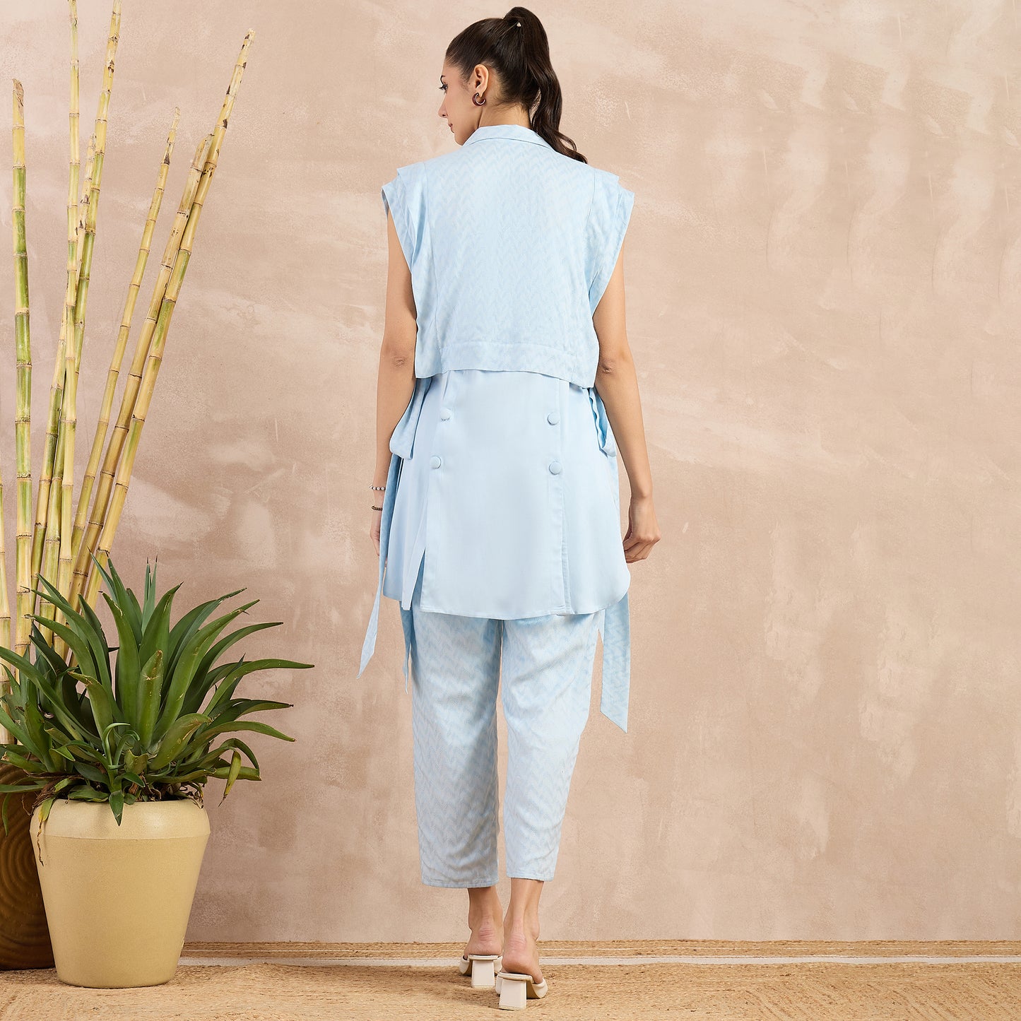 Sky Blue High-Low Sleeveless Top with Herringbone Bib and Trouser Set