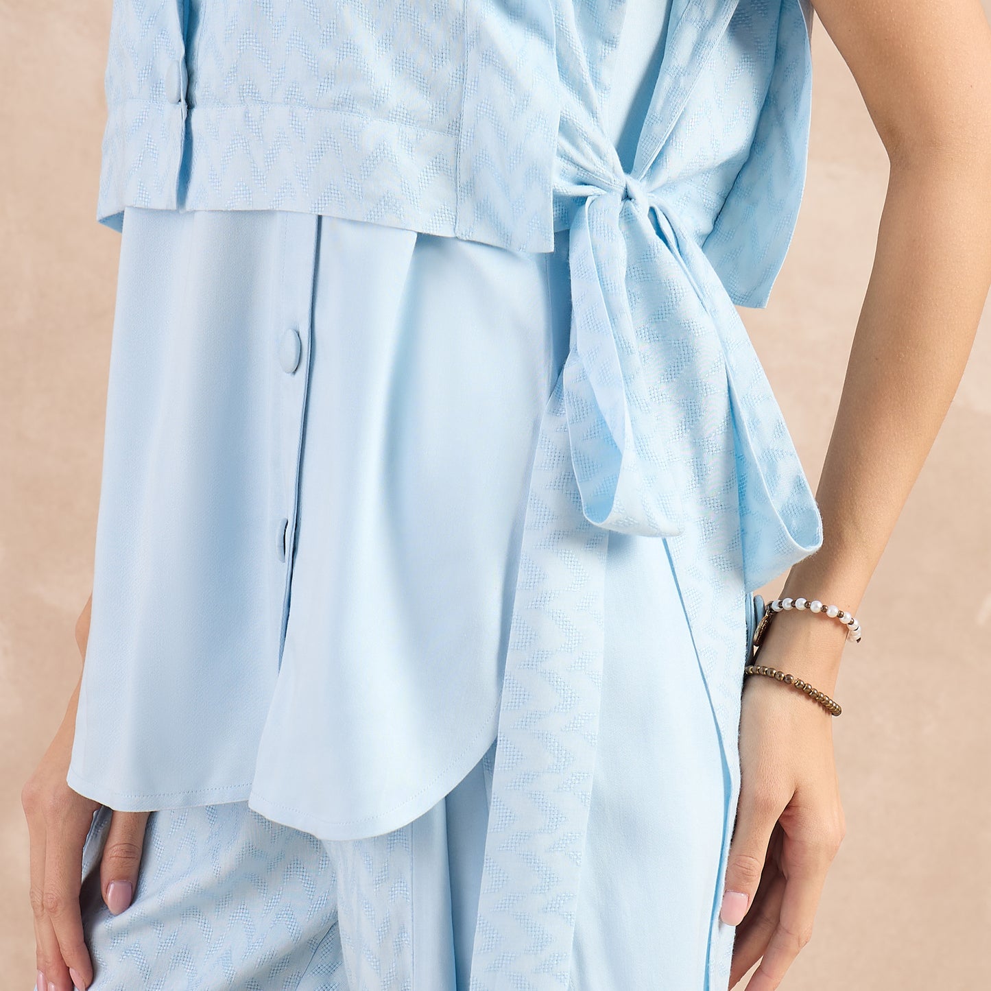Sky Blue High-Low Sleeveless Top with Herringbone Bib and Trouser Set