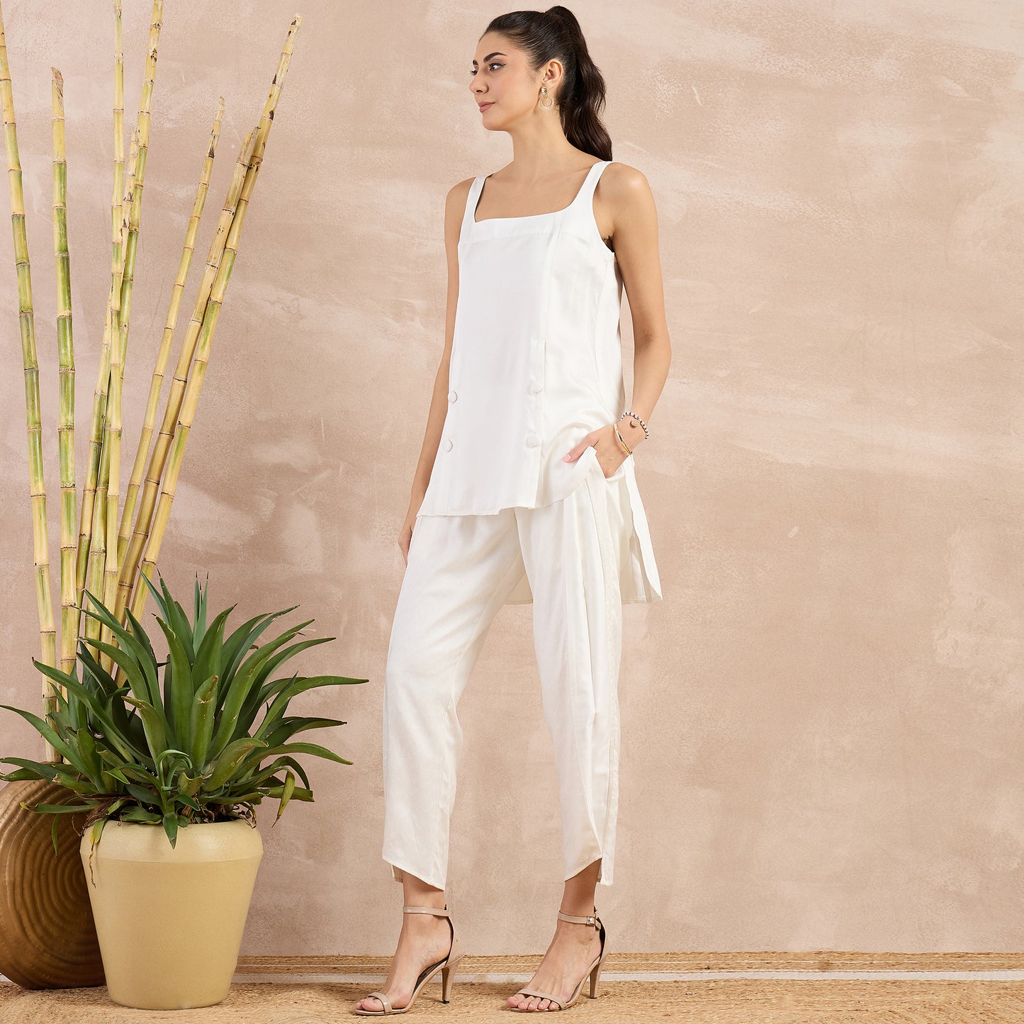 Off-White High-Low Sleeveless Top and Trouser Set