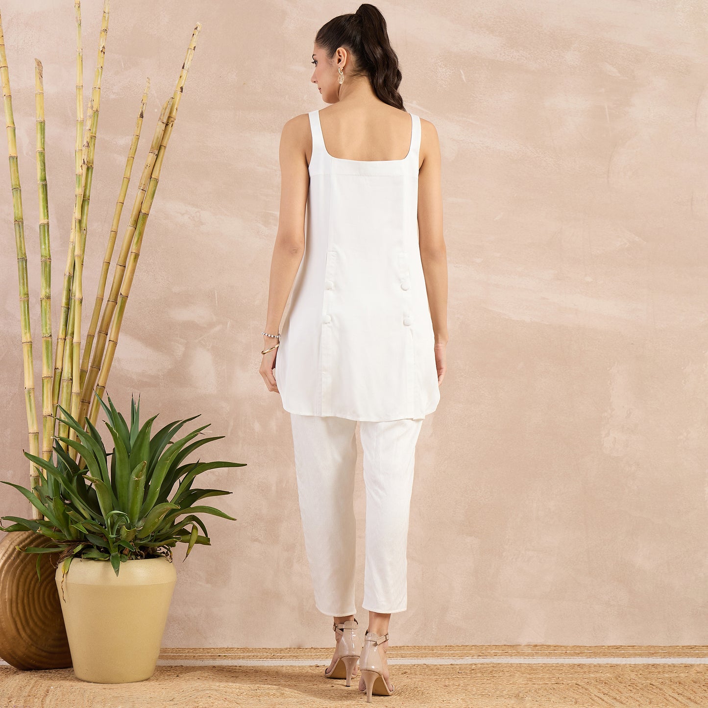 Off-White High-Low Sleeveless Top and Trouser Set
