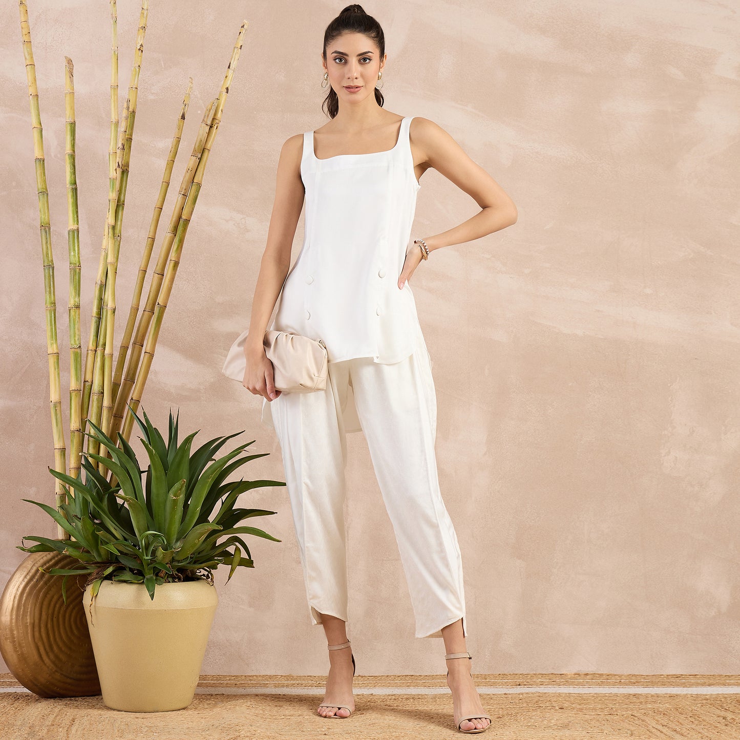 Off-White High-Low Sleeveless Top and Trouser Set