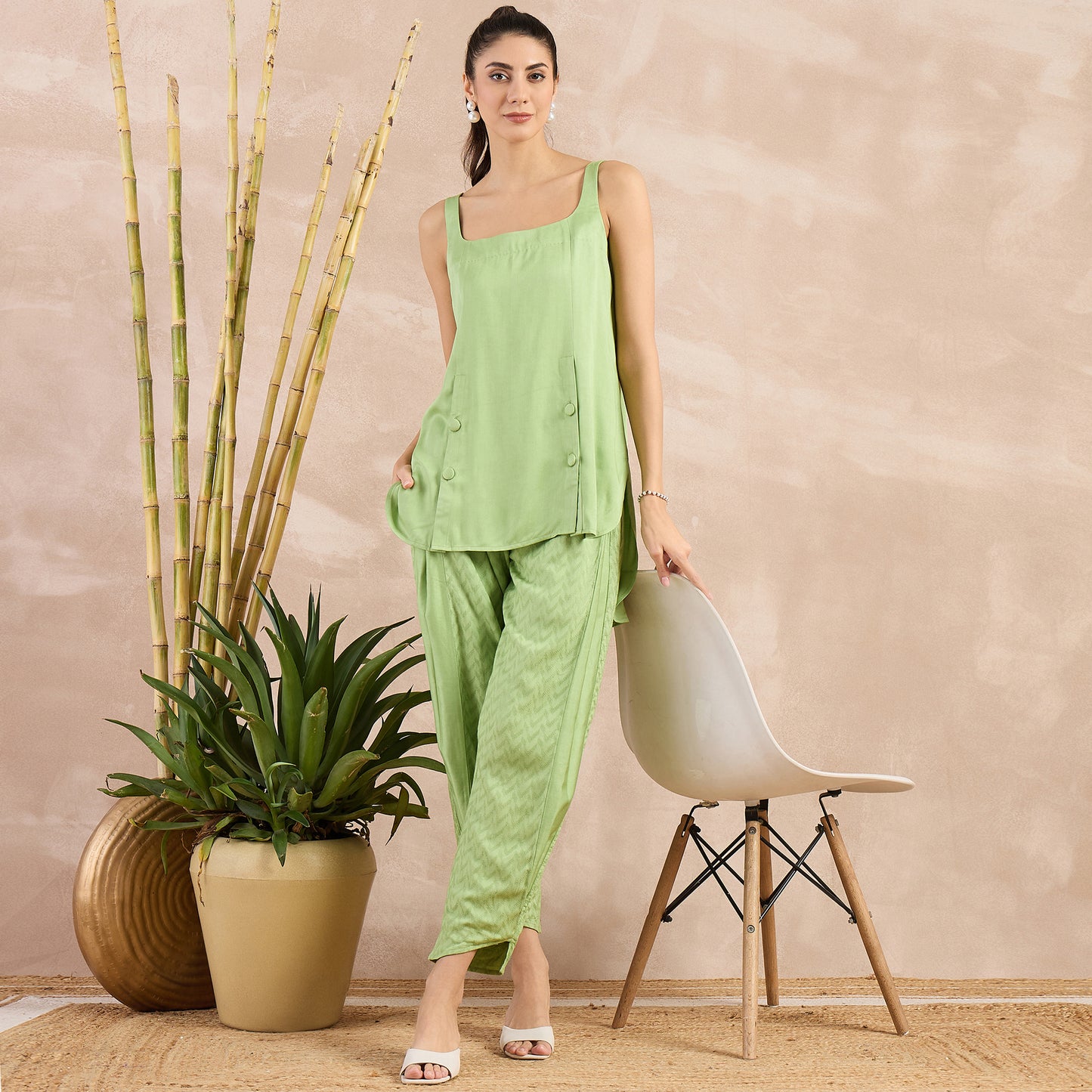 Pastel Green High-Low Sleeveless Top and Trouser Set