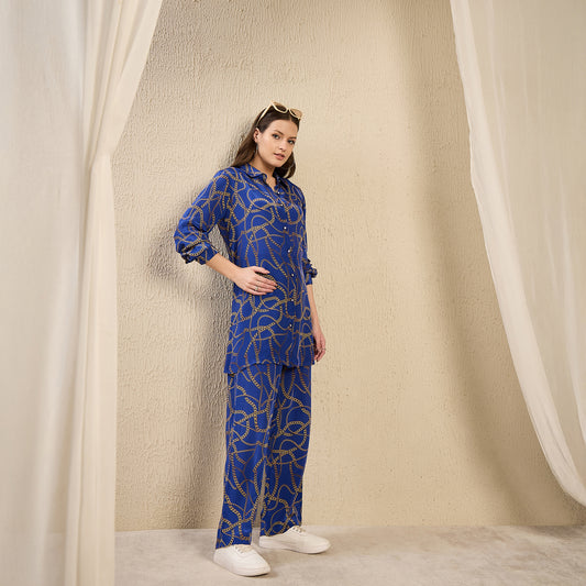 Blue Print Shirt and Pants Co-ord Set