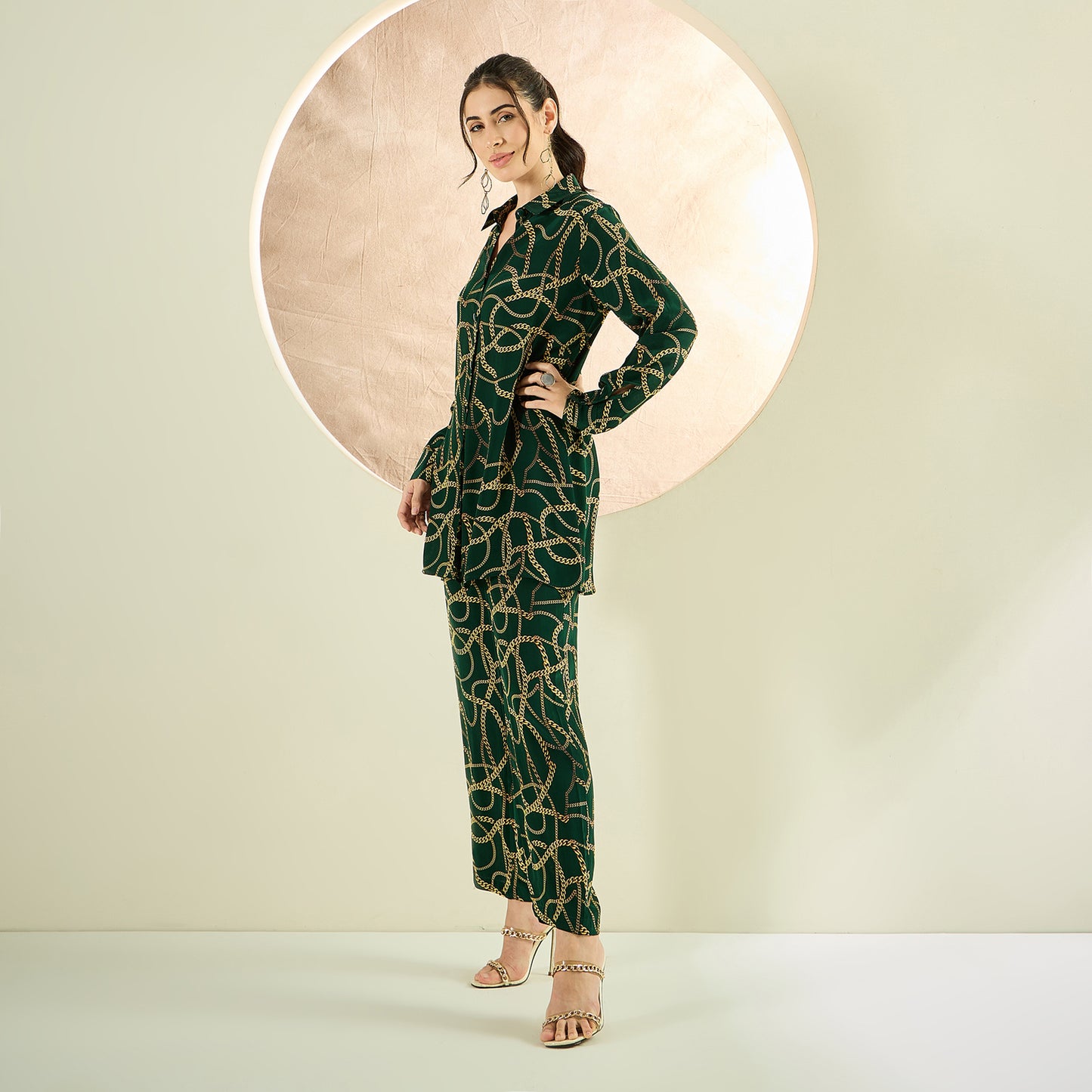 Forest Green Chain Print Shirt and Pants Co-ord Set