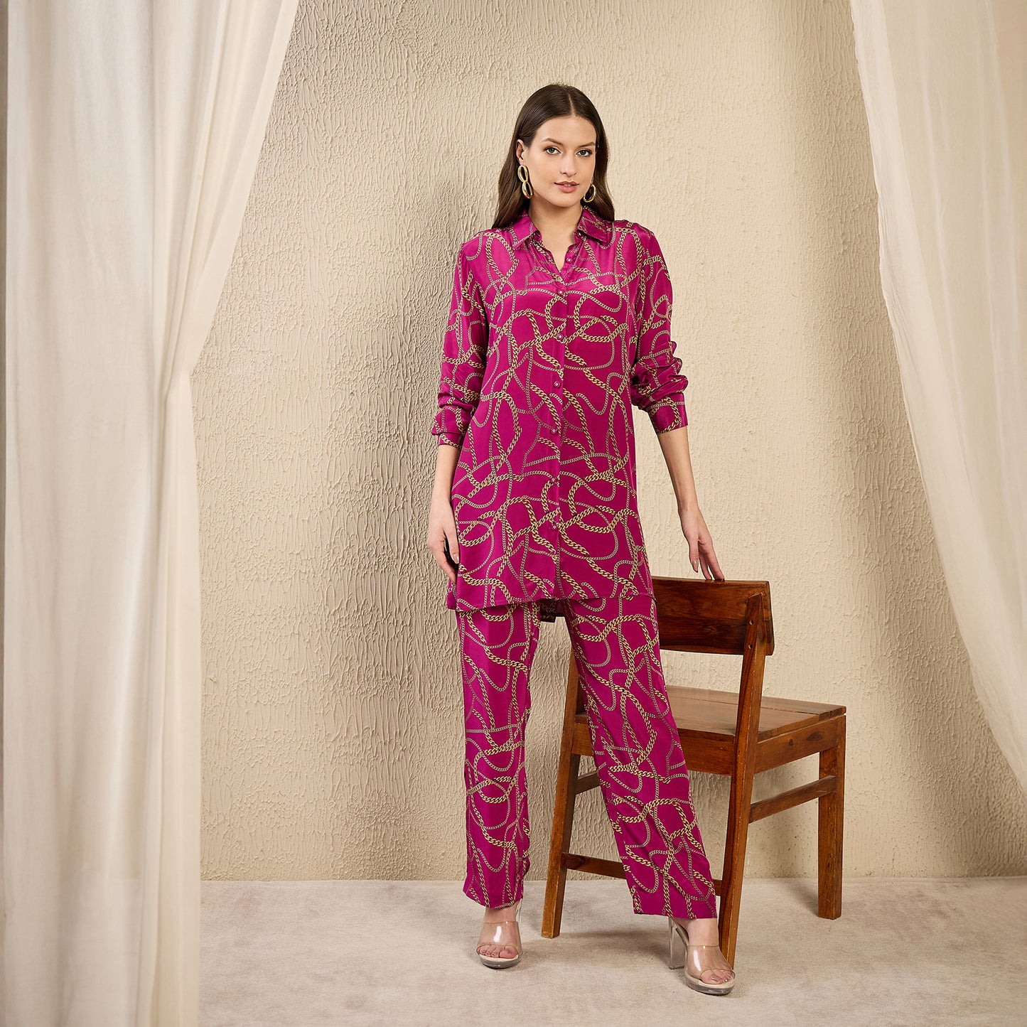 Magenta Chain Print Shirt and Pants Co-ord Set