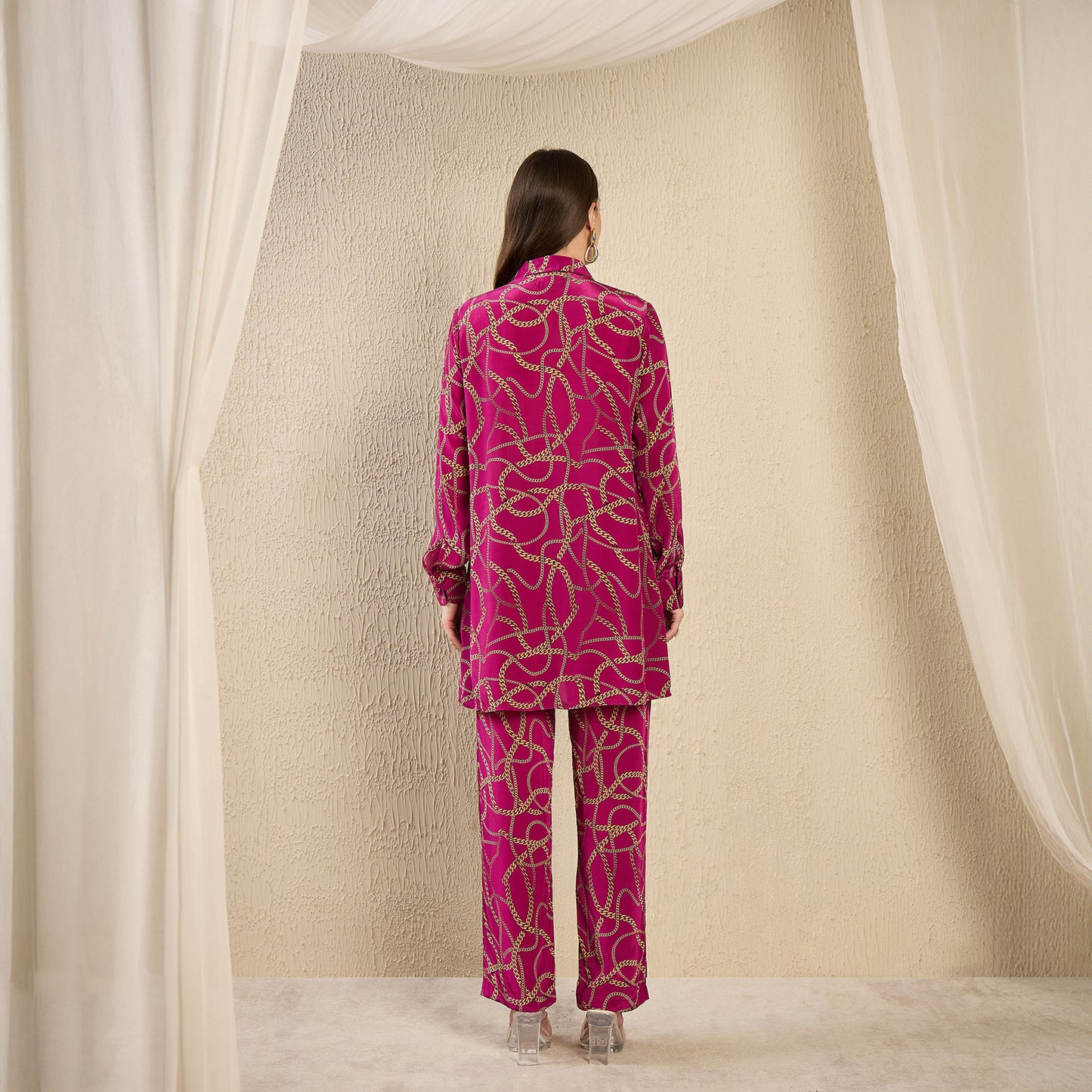 Magenta Chain Print Shirt and Pants Co-ord Set