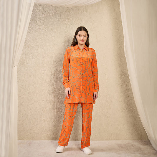 Orange Chain Print Shirt and Pants Co-ord Set