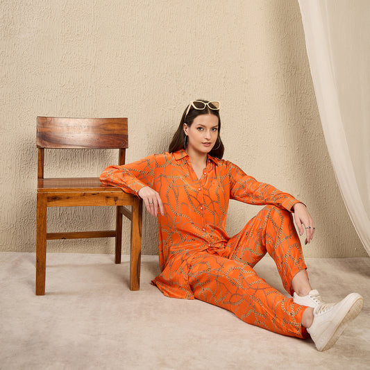 Orange Chain Print Shirt and Pants Co-ord Set