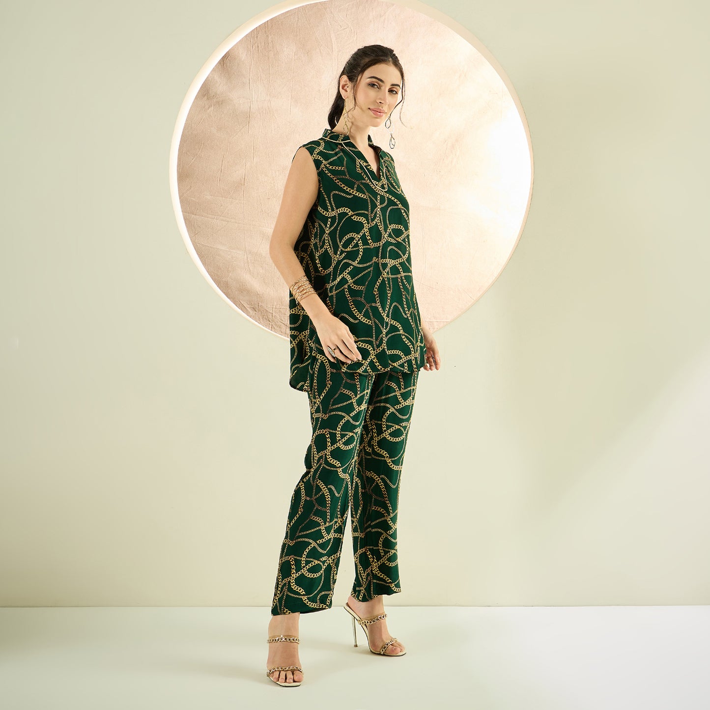 Forest Green Chain Print Sleeveless Top and Pants Co-ord Set