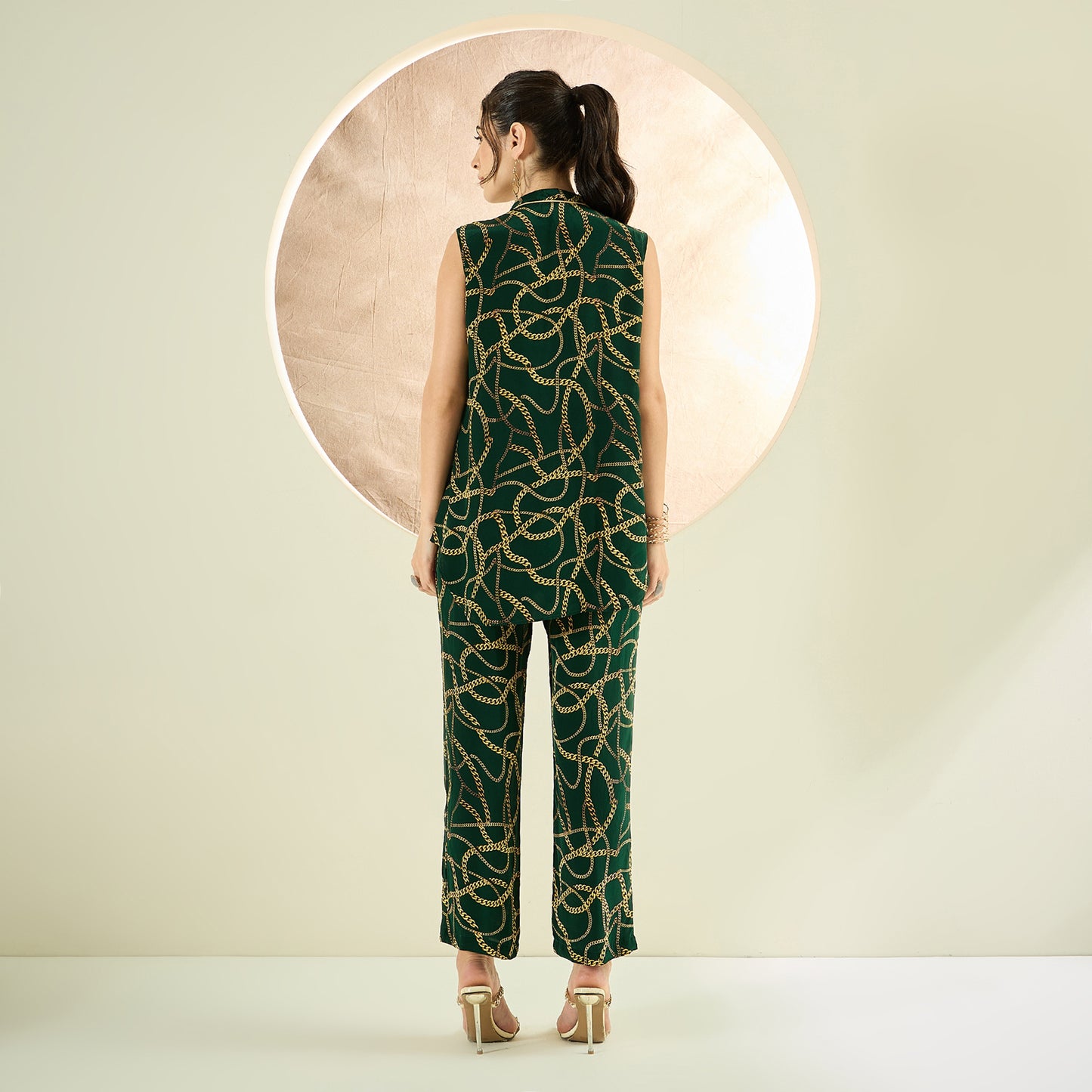 Forest Green Chain Print Sleeveless Top and Pants Co-ord Set