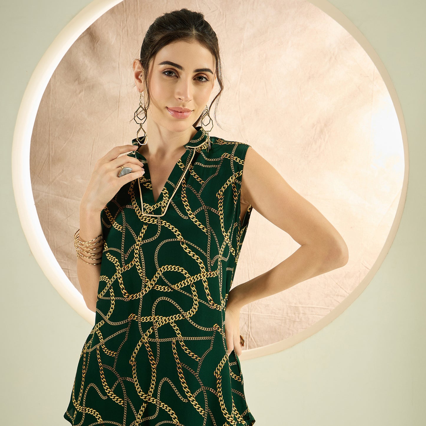 Forest Green Chain Print Sleeveless Top and Pants Co-ord Set