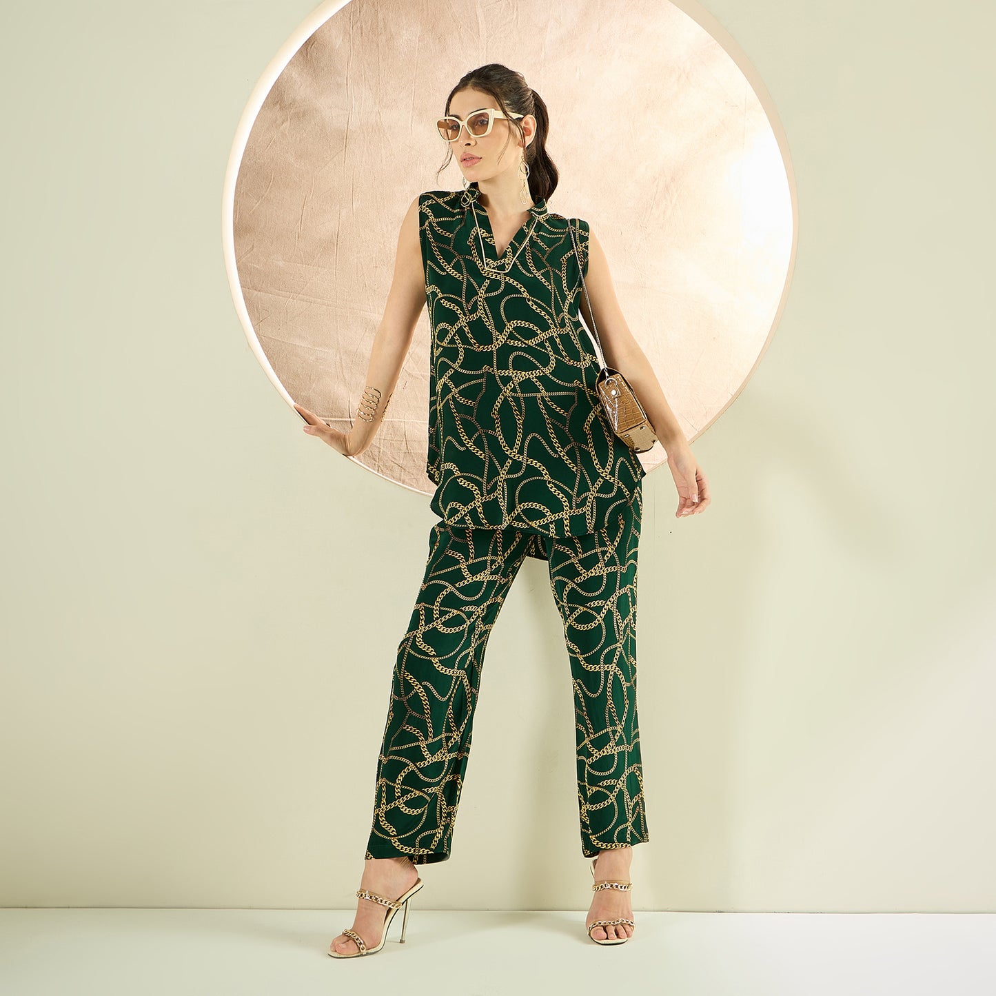 Forest Green Chain Print Sleeveless Top and Pants Co-ord Set