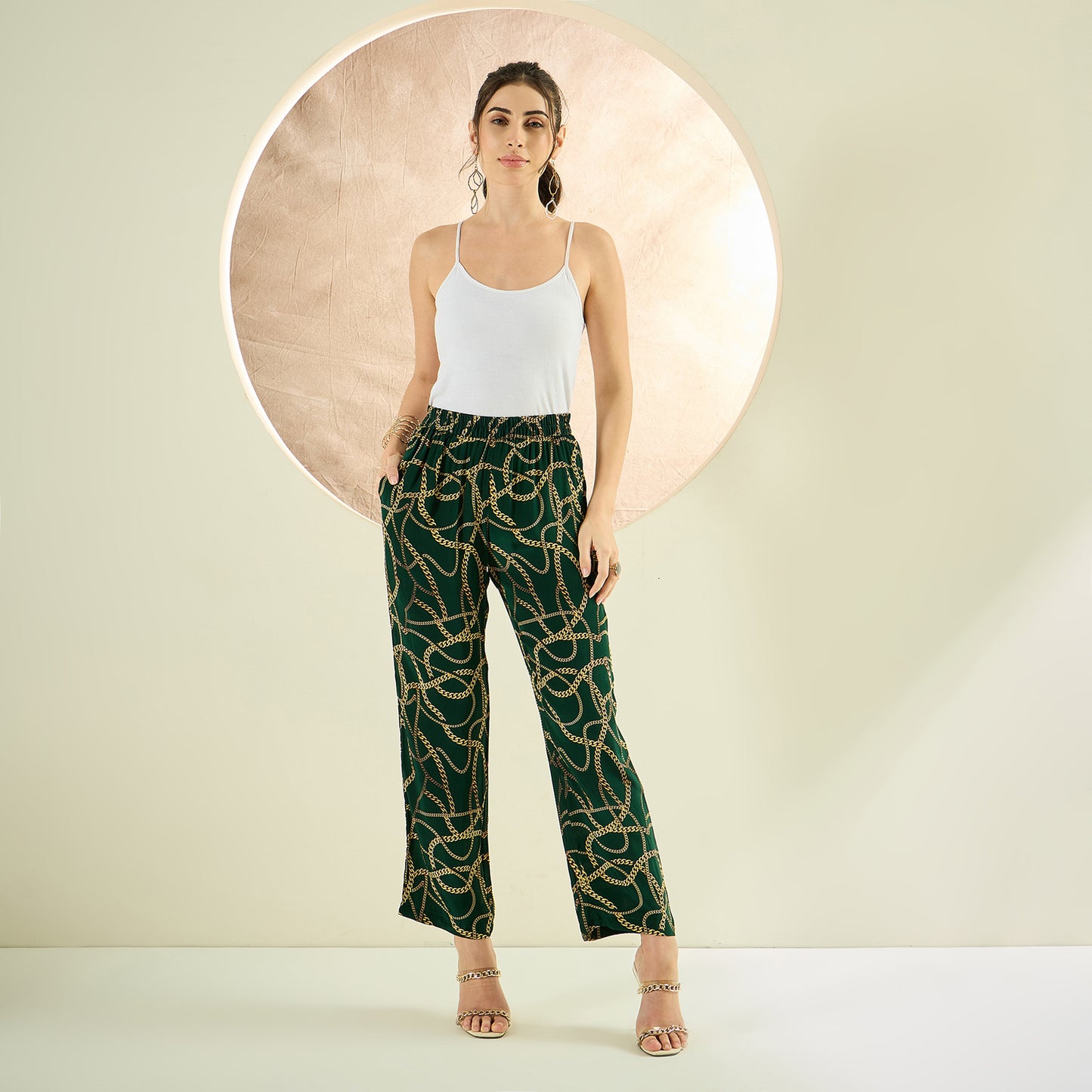 Forest Green Chain Print Sleeveless Top and Pants Co-ord Set