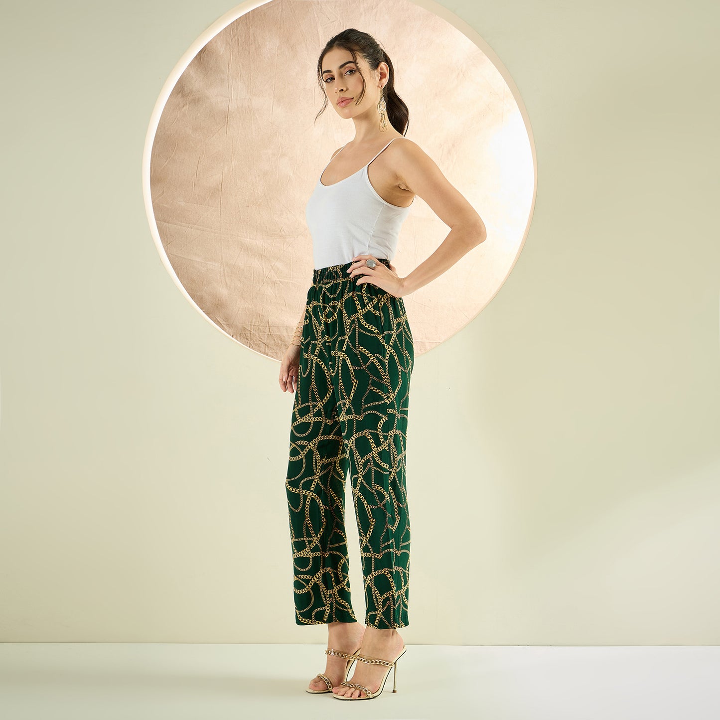 Forest Green Chain Print Sleeveless Top and Pants Co-ord Set
