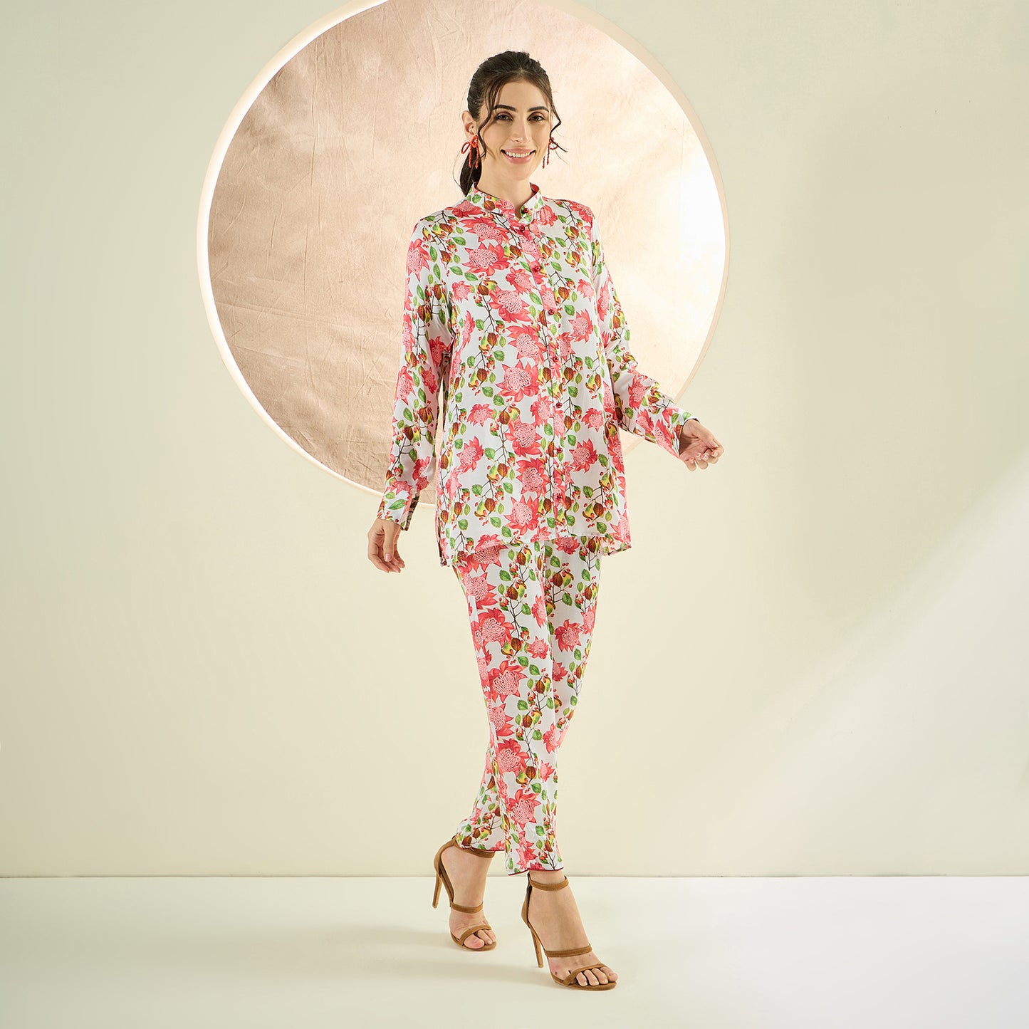 Coral and Green Floral Shirt and Pants Co-ord Set