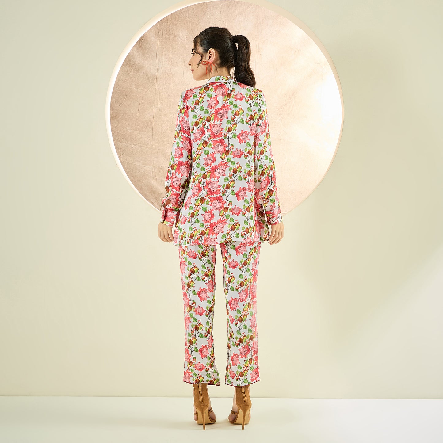 Coral and Green Floral Shirt and Pants Co-ord Set