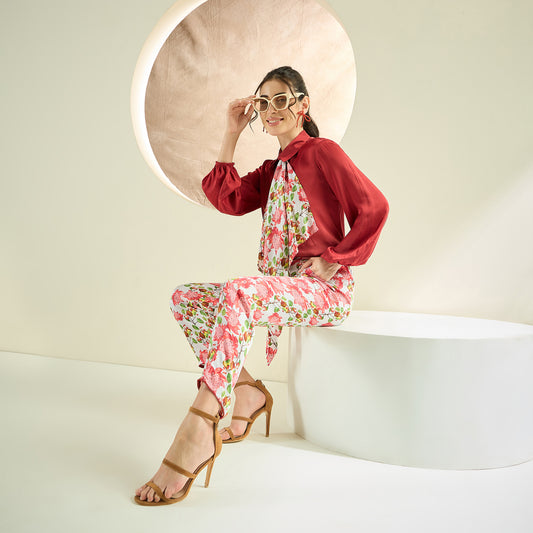 Rust Red Ombre Satin Shirt and Floral Pants Co-ord Set