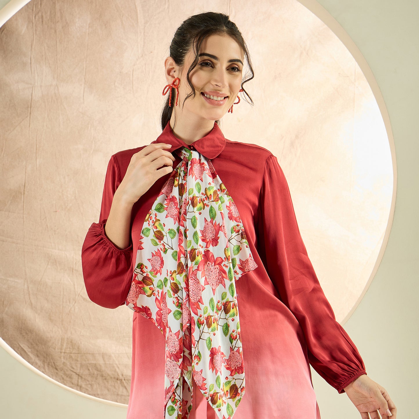 Rust Red Ombre Satin Shirt and Floral Pants Co-ord Set