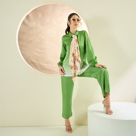 Avocado Green Ombre Satin Shirt and Pants Co-ord Set