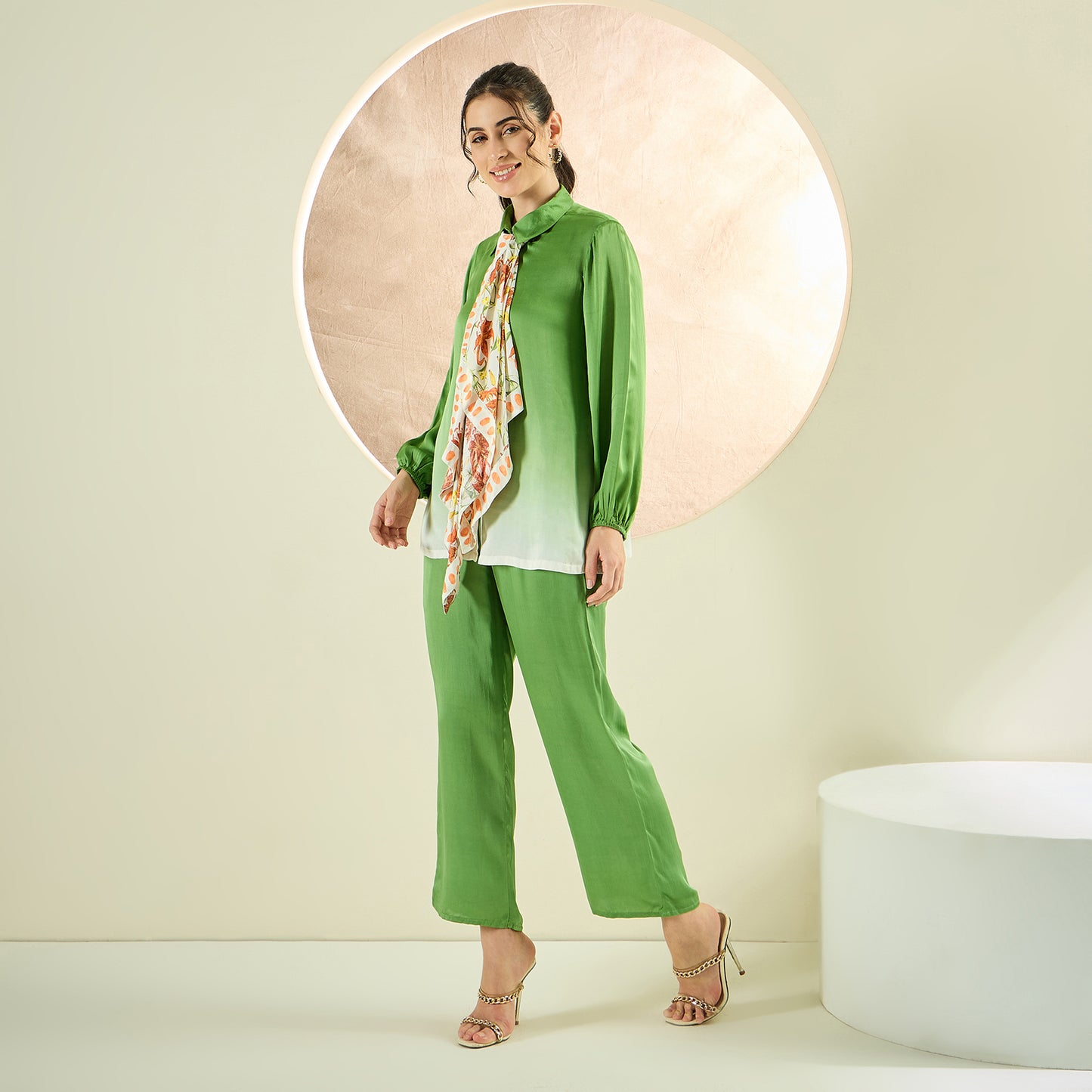 Avocado Green Ombre Satin Shirt and Pants Co-ord Set