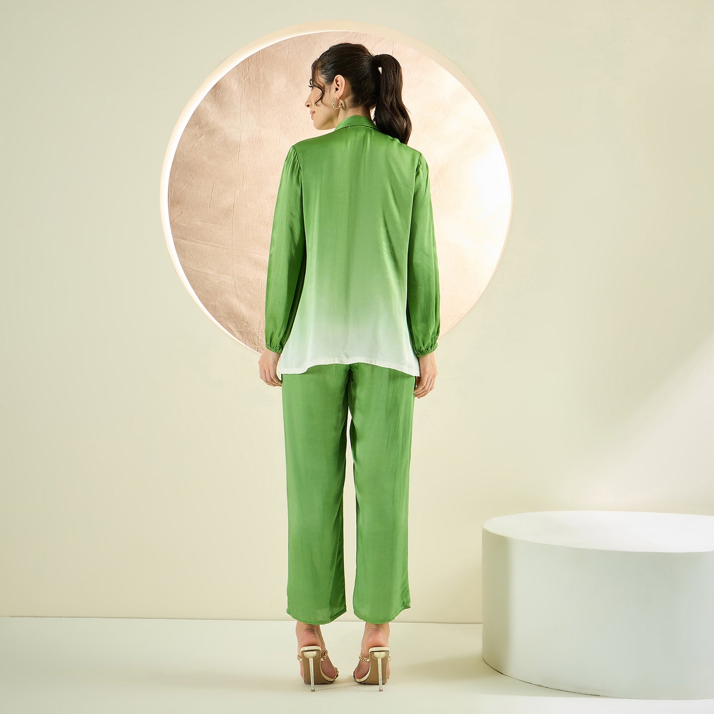 Avocado Green Ombre Satin Shirt and Pants Co-ord Set
