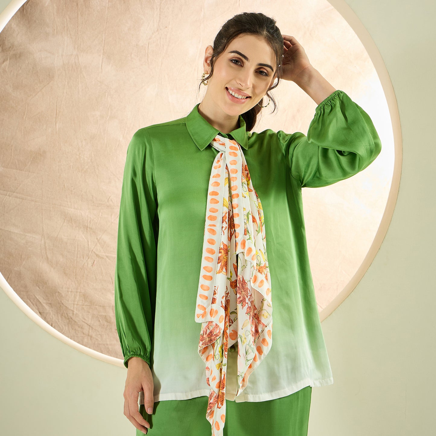 Avocado Green Ombre Satin Shirt and Pants Co-ord Set