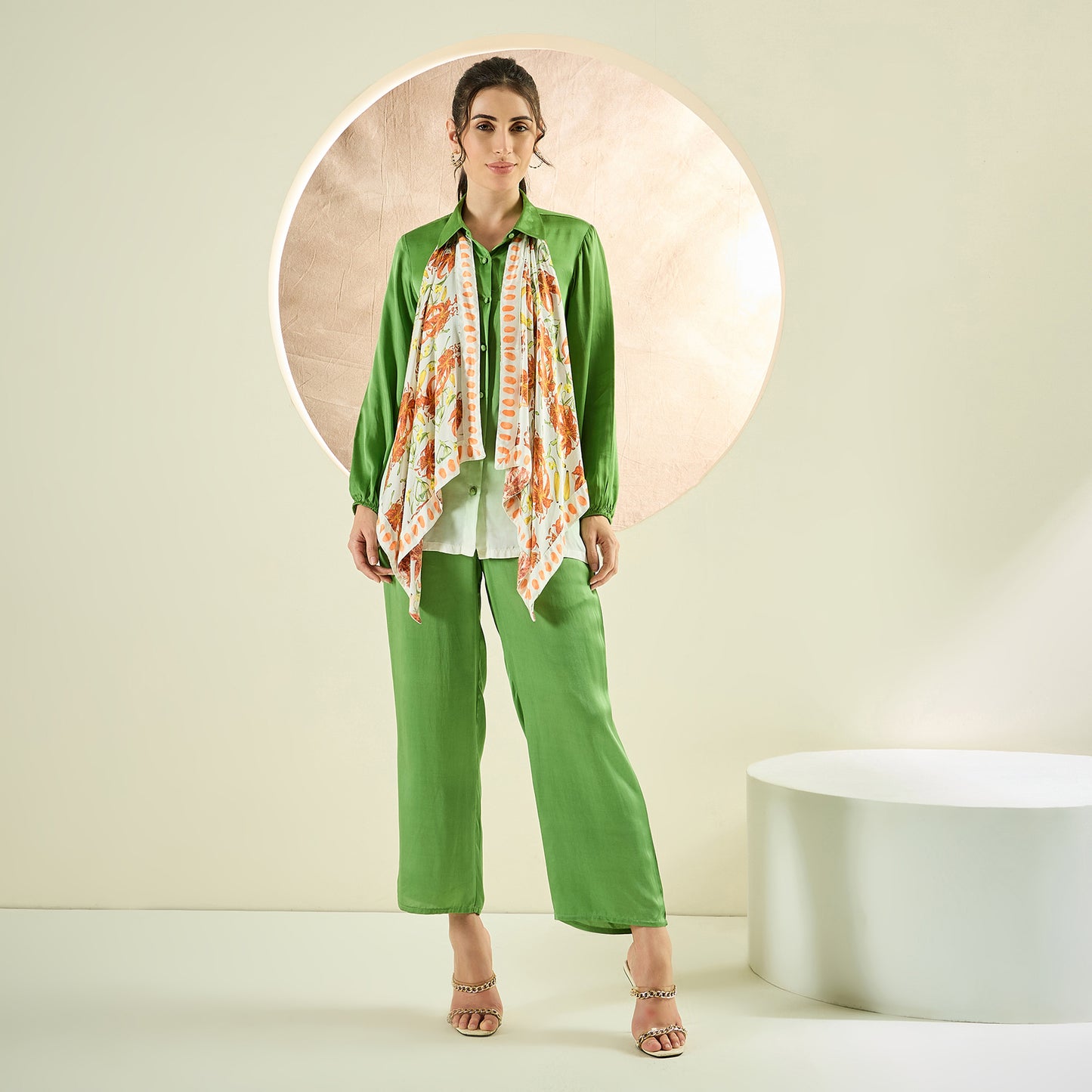 Avocado Green Ombre Satin Shirt and Pants Co-ord Set