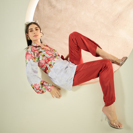 Rust Red and White Floral Wrap Top and Pants Set