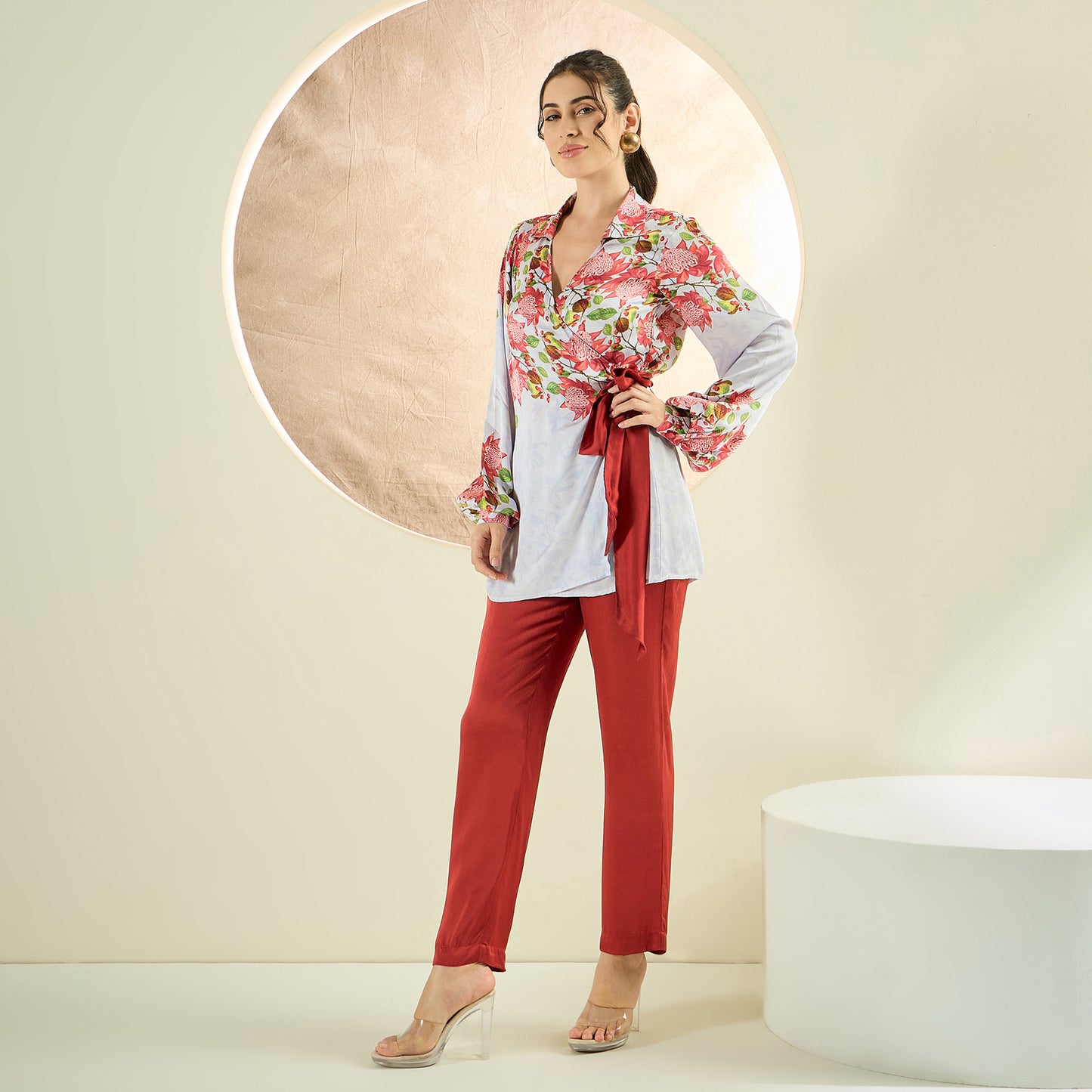 Rust Red and White Floral Wrap Top and Pants Set