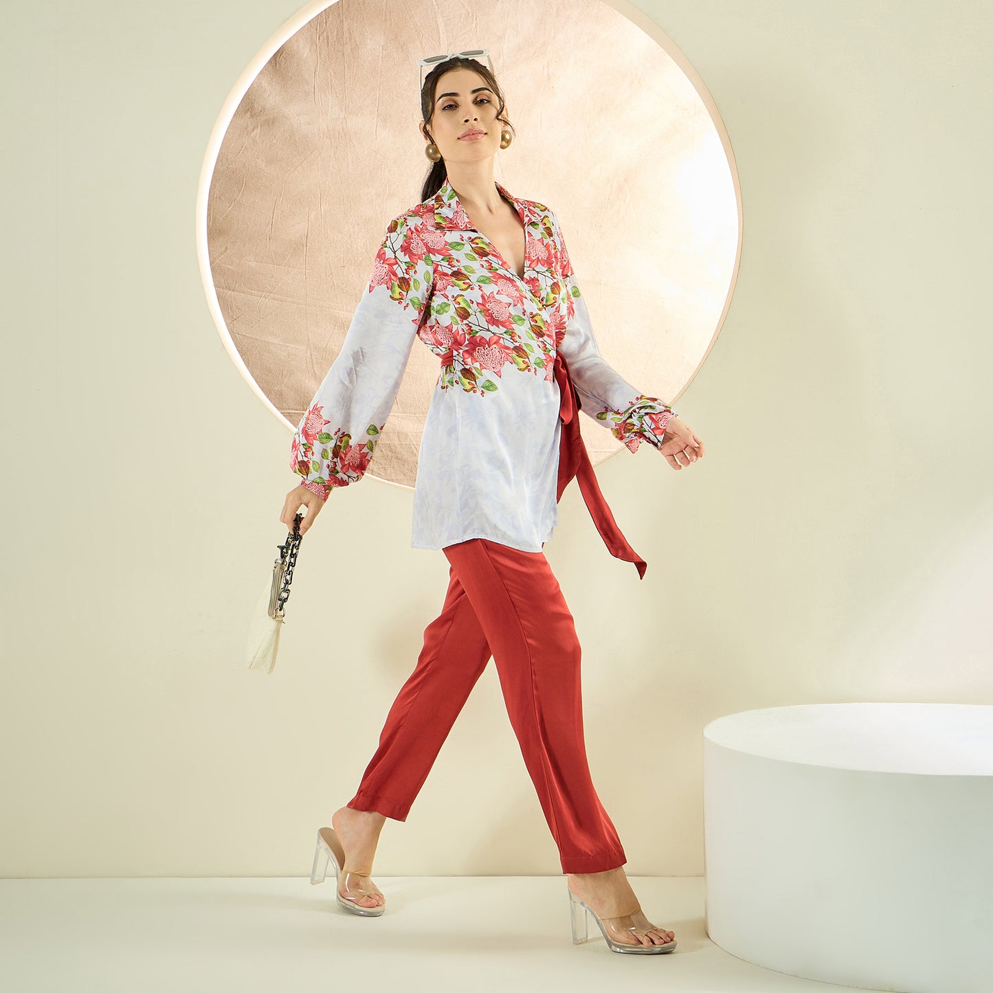 Rust Red and White Floral Wrap Top and Pants Set