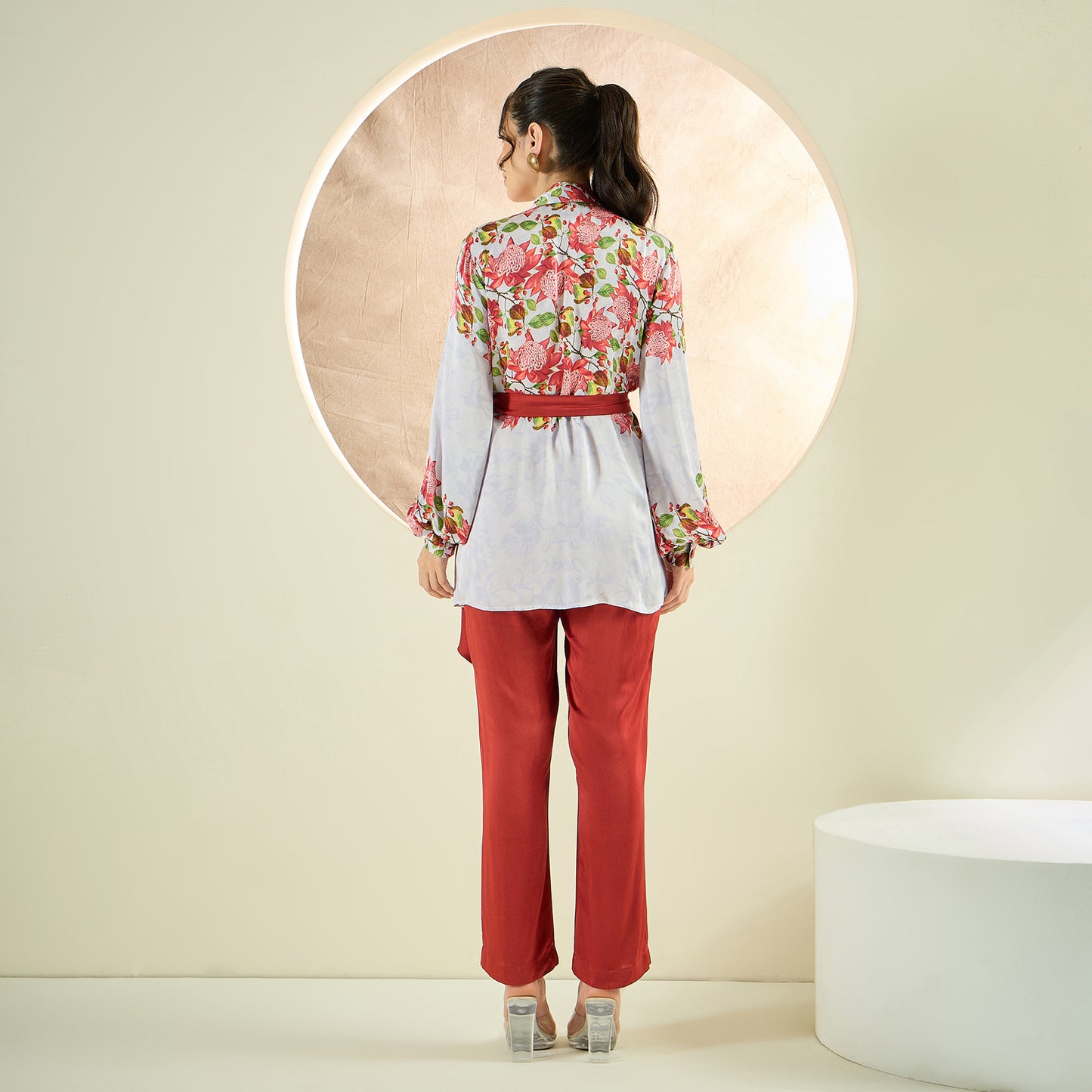 Rust Red and White Floral Wrap Top and Pants Set
