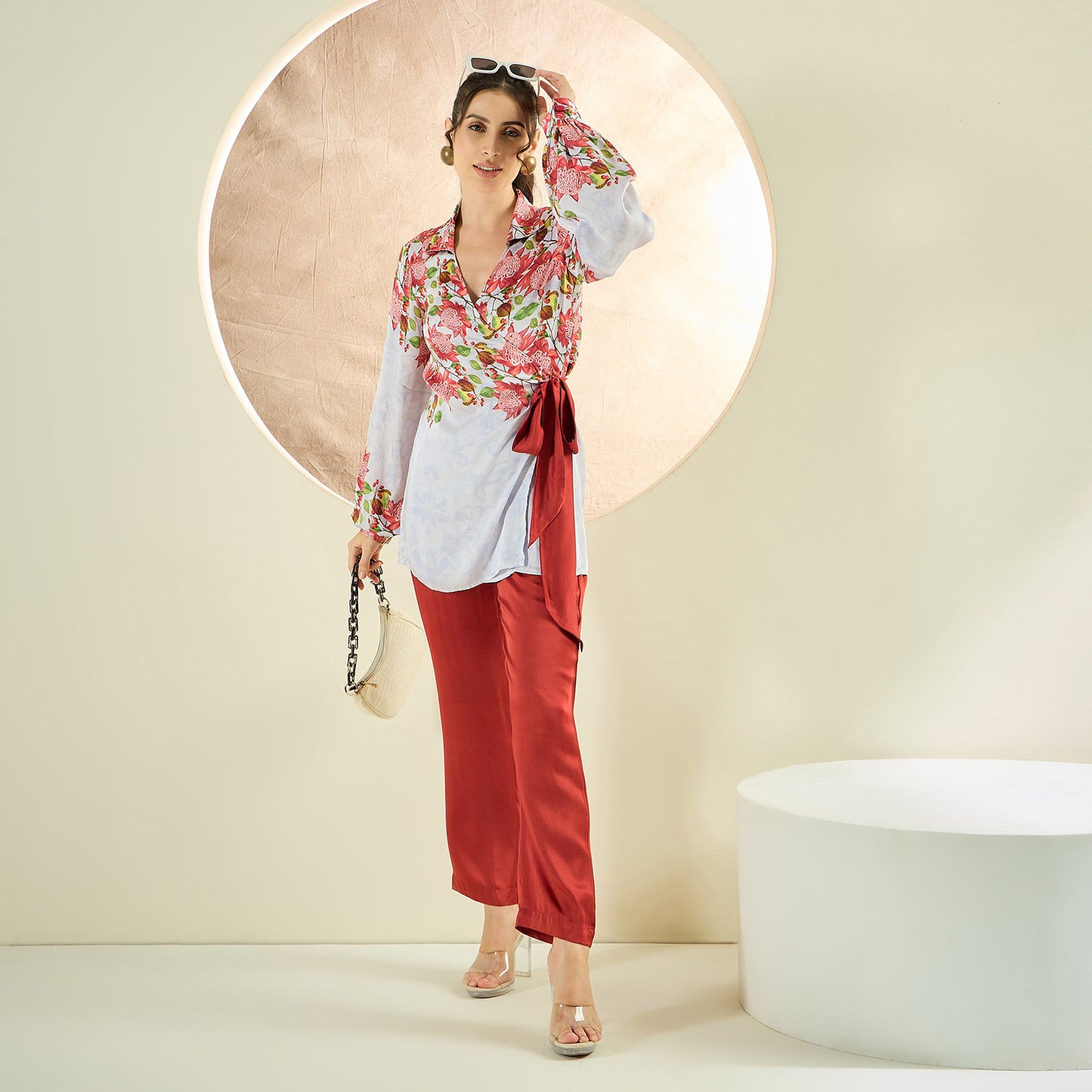 Rust Red and White Floral Wrap Top and Pants Set