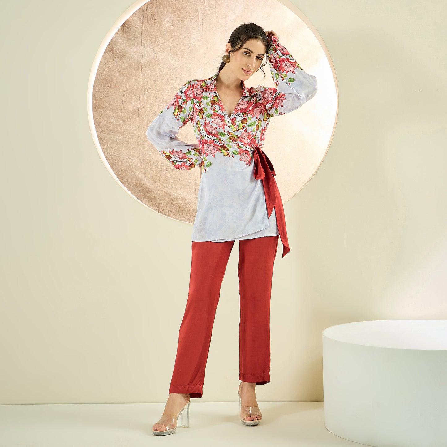 Rust Red and White Floral Wrap Top and Pants Set
