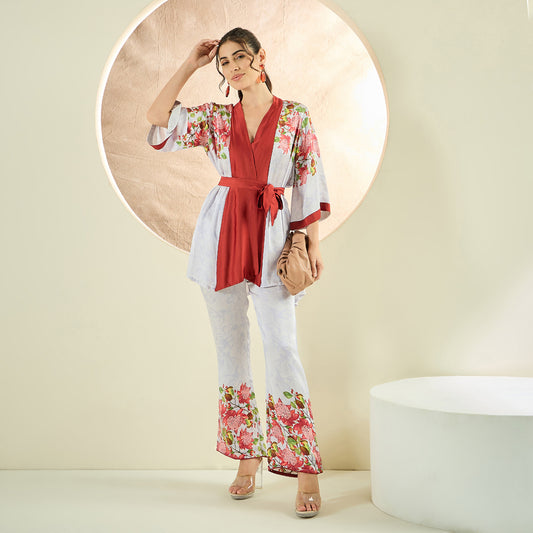 Rust Red and White Floral Kimono Top and Pants Set