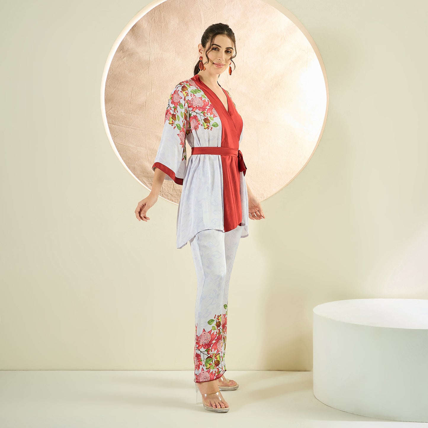 Rust Red and White Floral Kimono Top and Pants Set