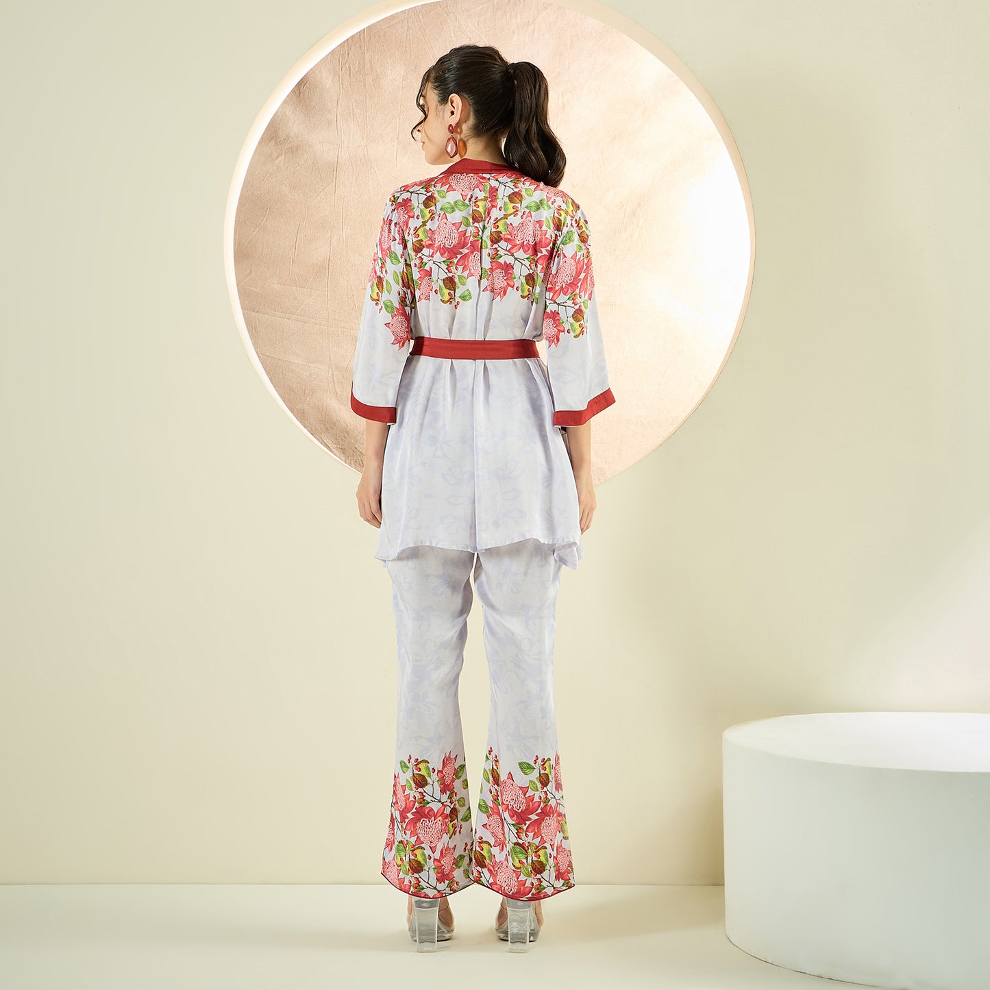 Rust Red and White Floral Kimono Top and Pants Set