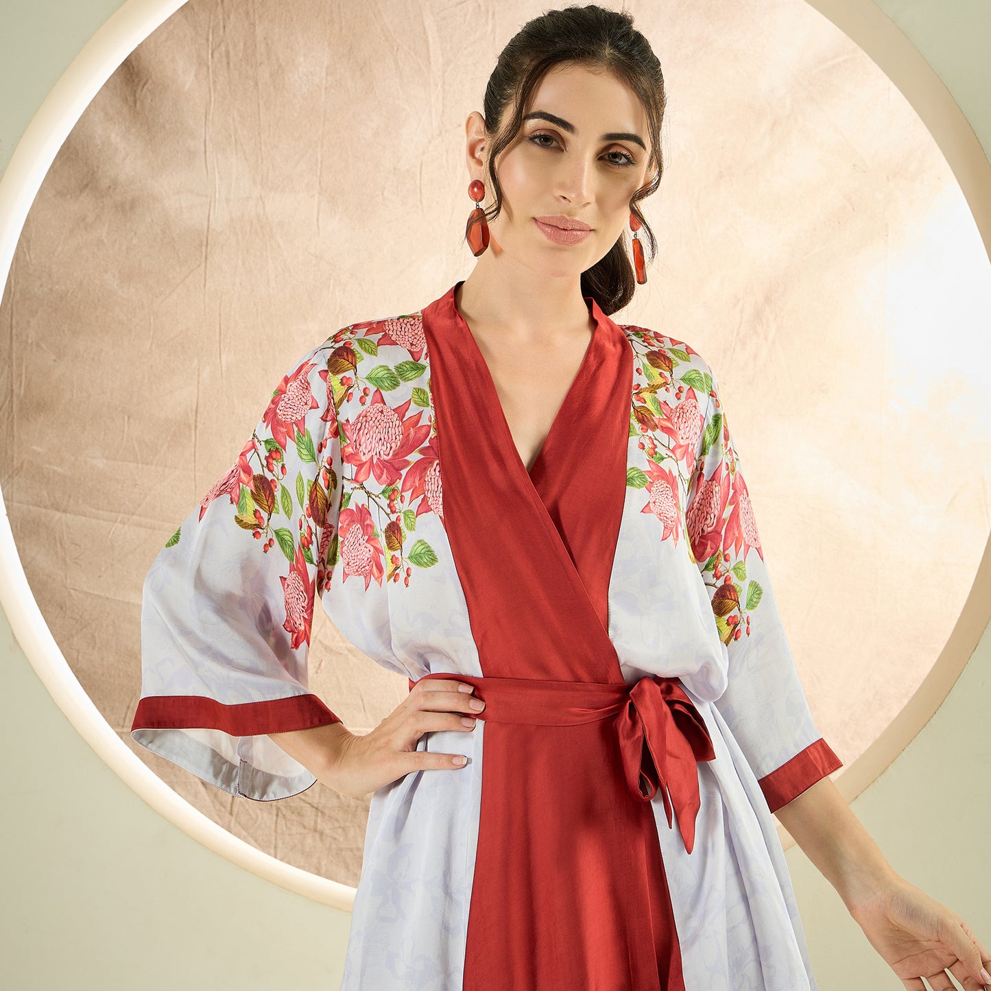 Rust Red and White Floral Kimono Top and Pants Set