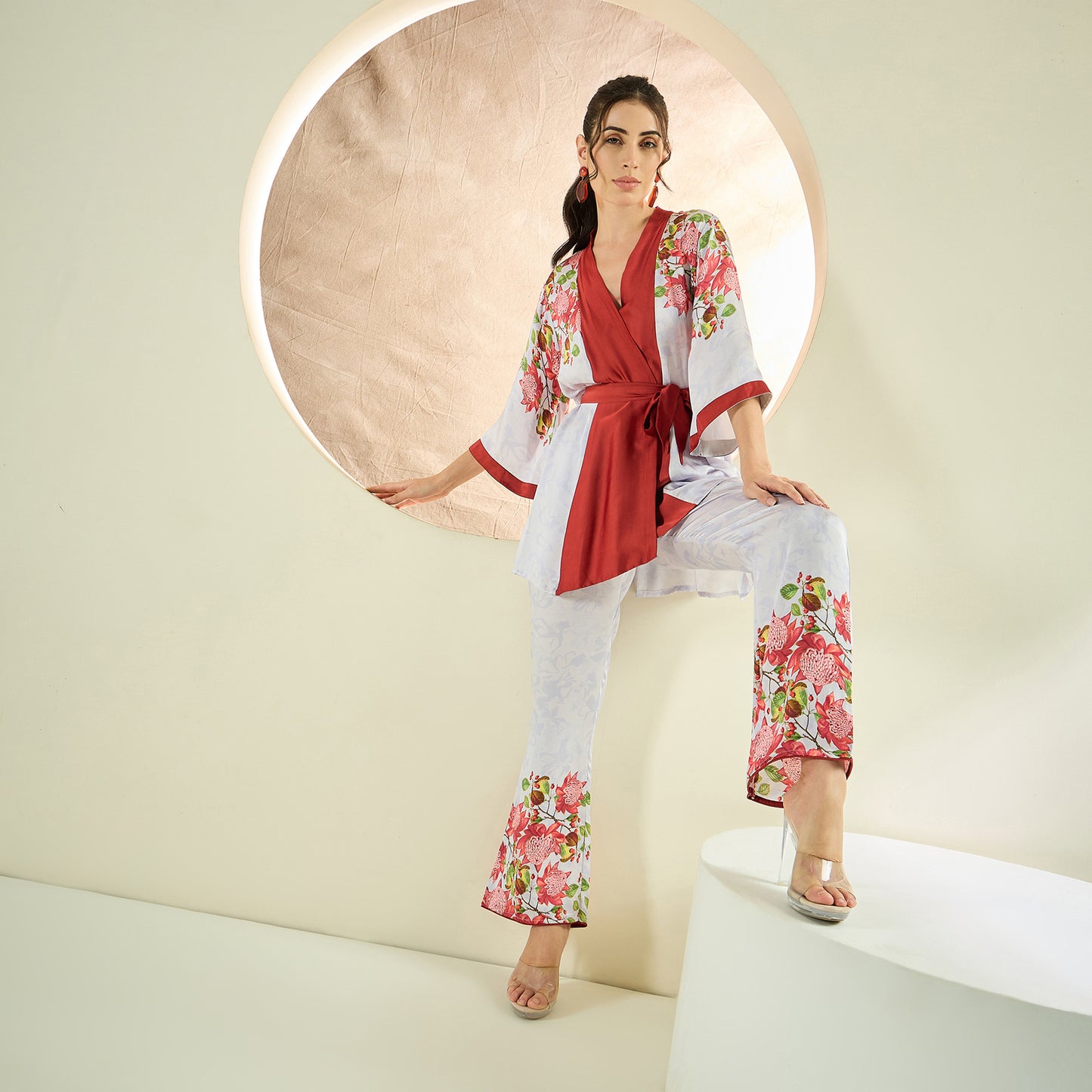 Rust Red and White Floral Kimono Top and Pants Set