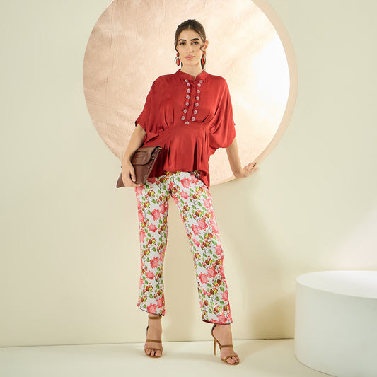 Rust Red Hand Embroidered Top and Floral Pants Set