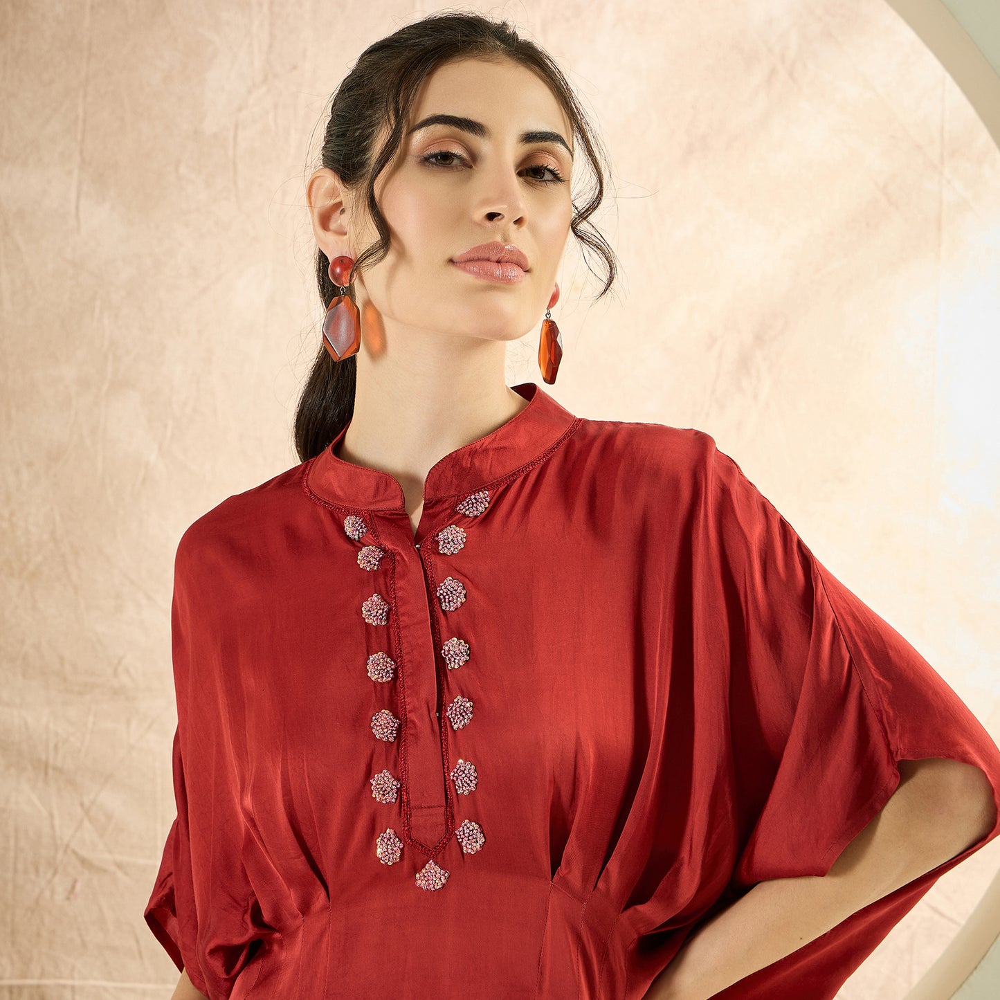 Rust Red Hand Embroidered Top and Floral Pants Set